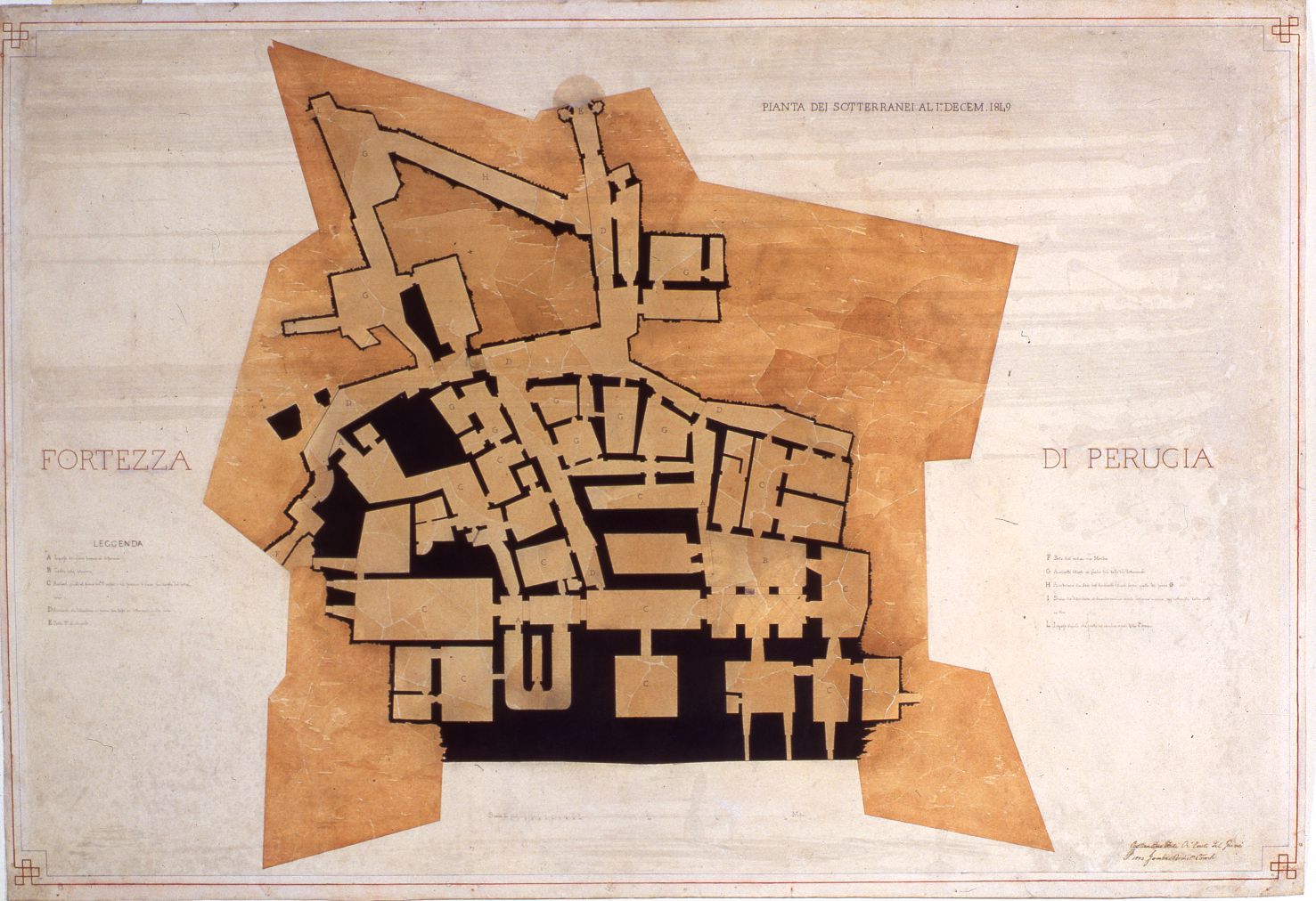 Pianta dei sotterranei della Rocca Paolina (disegno, elemento d'insieme) di Forti, Costantino, Gamba, Pietro (metà sec. XIX)