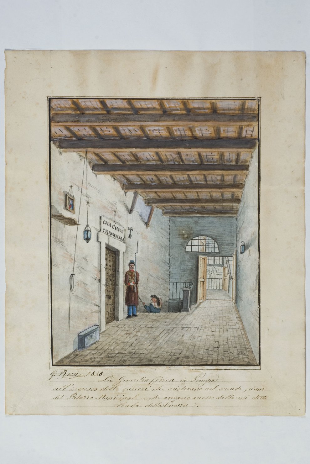 La guardia civica in Perugia, veduta di Perugia (disegno, opera isolata) di Rossi Giuseppe (sec. XIX)