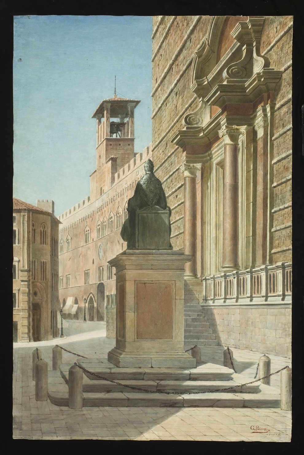 Piazza della paglia con monumento a Giulio II, veduta della piazza di Perugia (disegno, opera isolata) di Pietrucci G (sec. XIX)