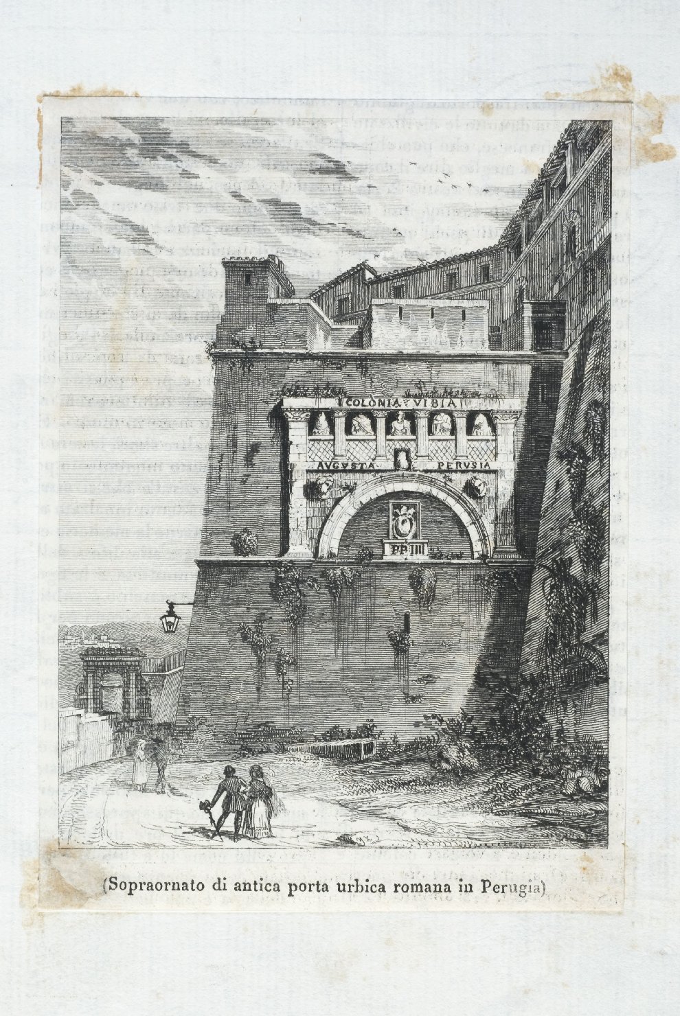 Sopraornato di antica porta urbica romana a Perugia, veduta di Perugia (stampa) - ambito umbro (metà sec. XIX)
