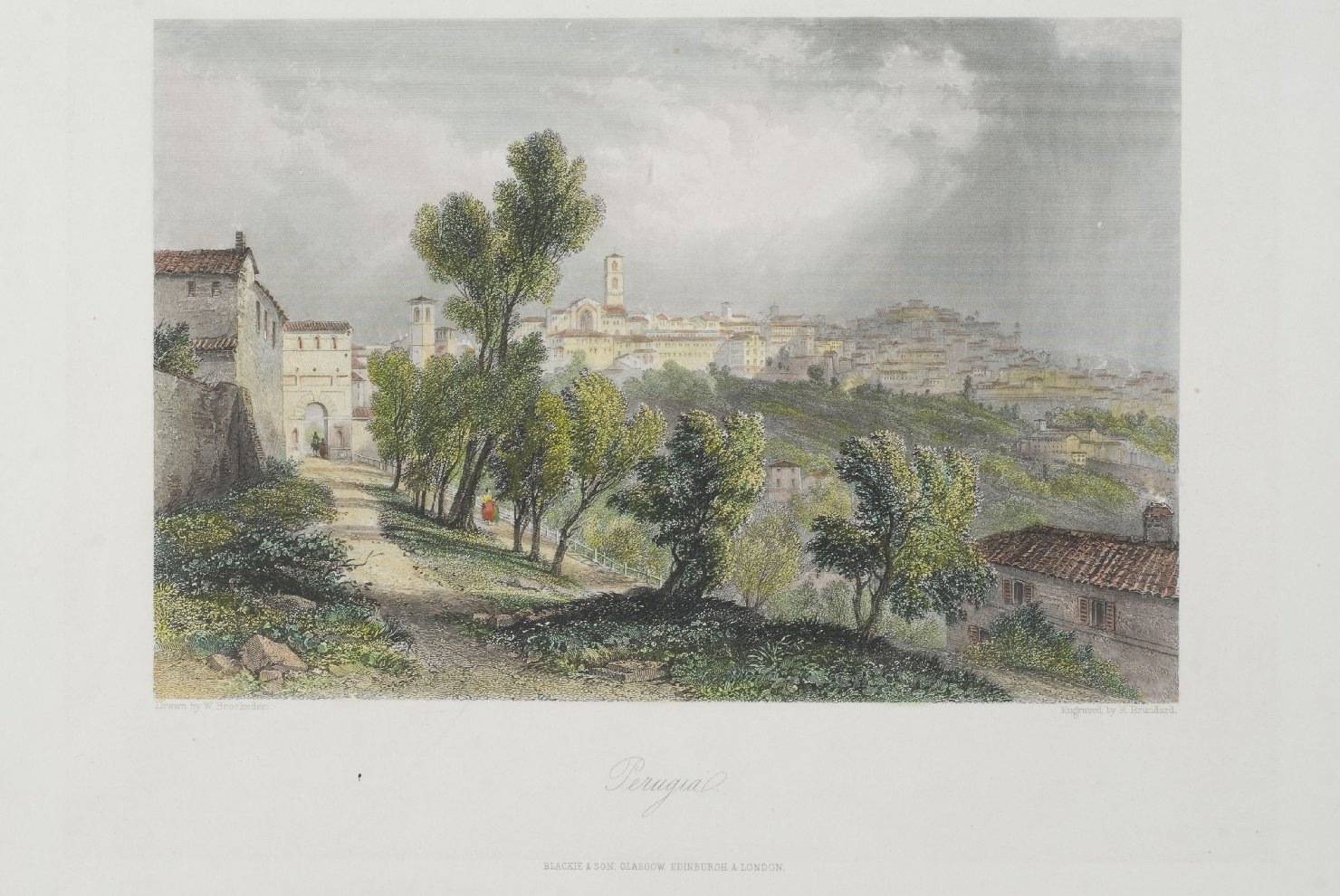 Perugia, veduta di città (stampa) di Brockedon William, Brandard Robert (sec. XIX)