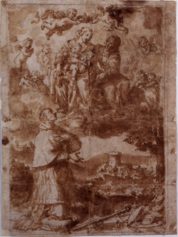 Madonna con Bambino e Santi (disegno preparatorio, opera isolata) di Guerrieri, Giovanni Francesco (attribuito) (metà sec. XVII)