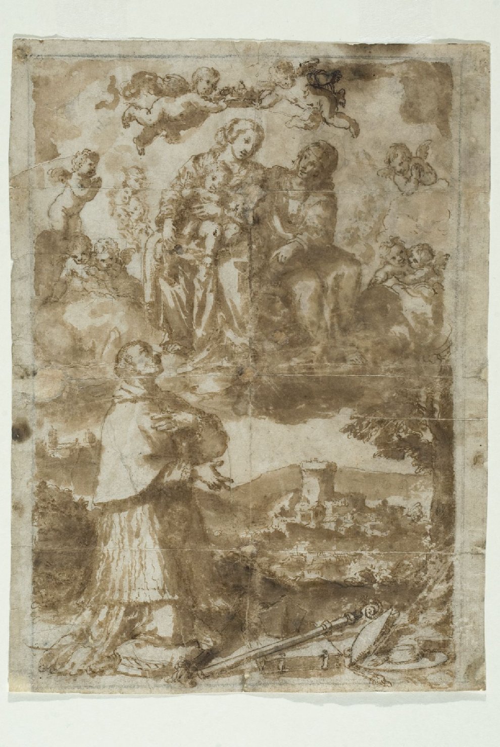 Madonna con Bambino e Santi (disegno preparatorio, opera isolata) di Guerrieri, Giovanni Francesco (attribuito) (metà sec. XVII)