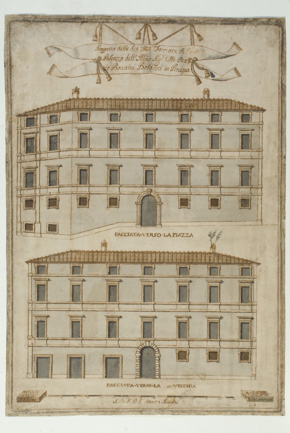 prospetto delle due facciate di Palazzo Bonaini - Boldrini, prospetto di edificio (disegno, elemento d'insieme) di Lorenzini, Alessio (sec. XVIII)