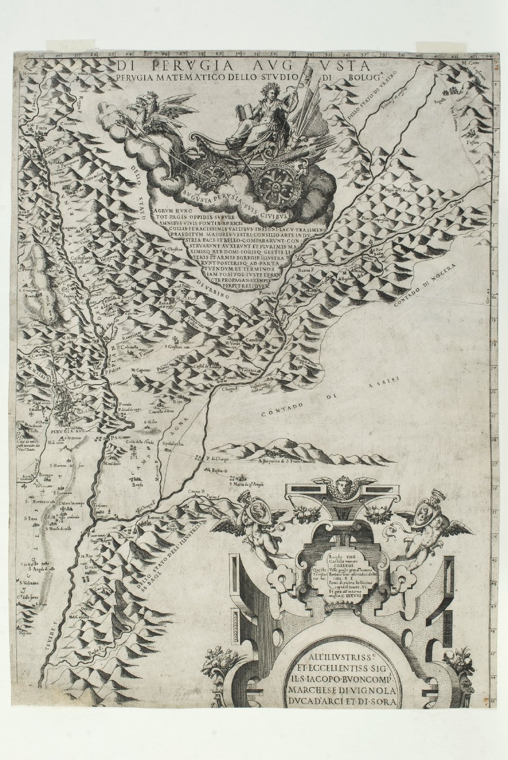 Perugia Augusta, carta geografica (stampa) di Danti, Egnazio, Cartaro, Mario (attribuito) (sec. XVI)