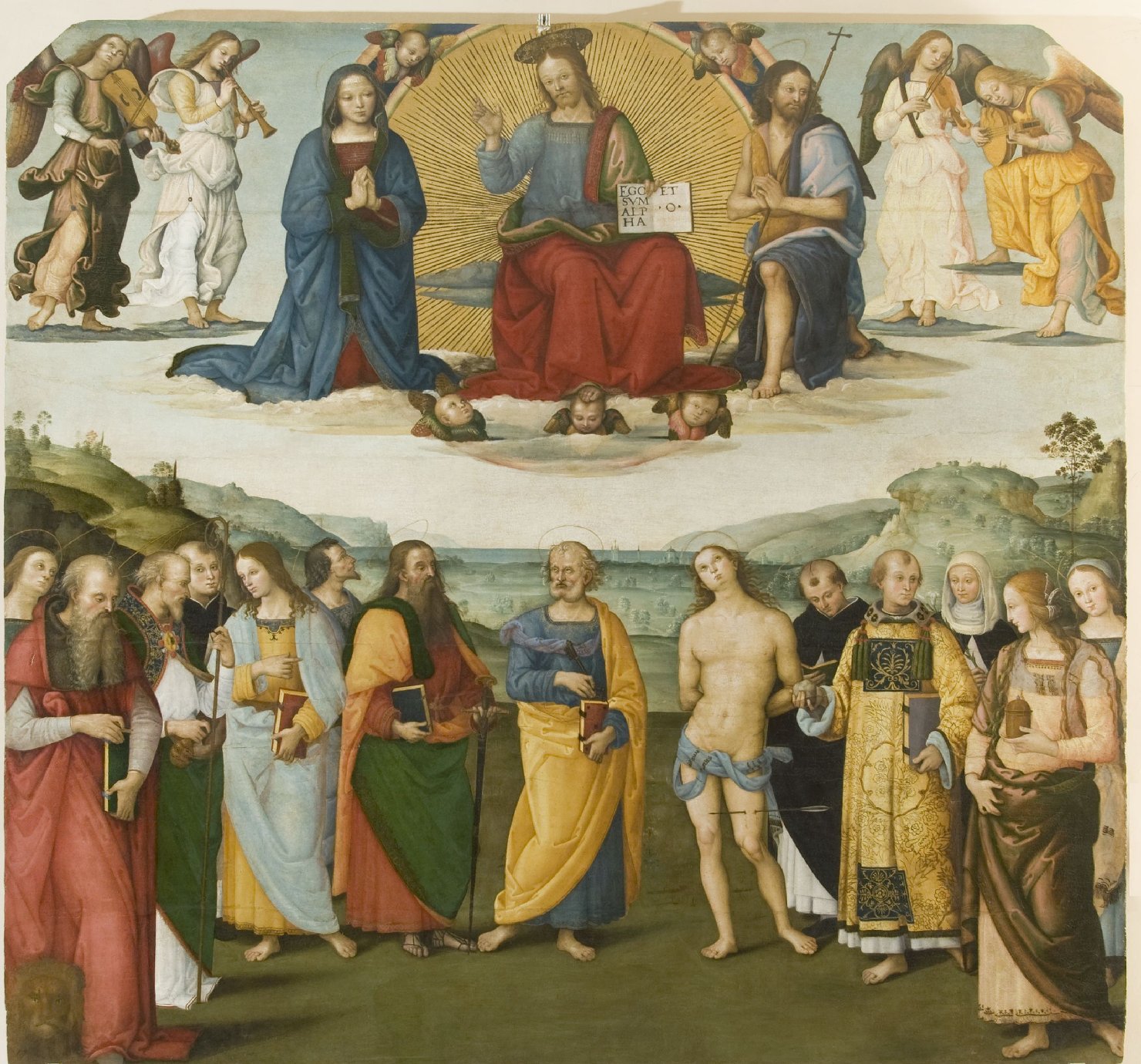 Cristo con la Madonna, Santi e angeli (dipinto, opera isolata) di Giannicola di Paolo (attribuito) (inizio sec. XVI)
