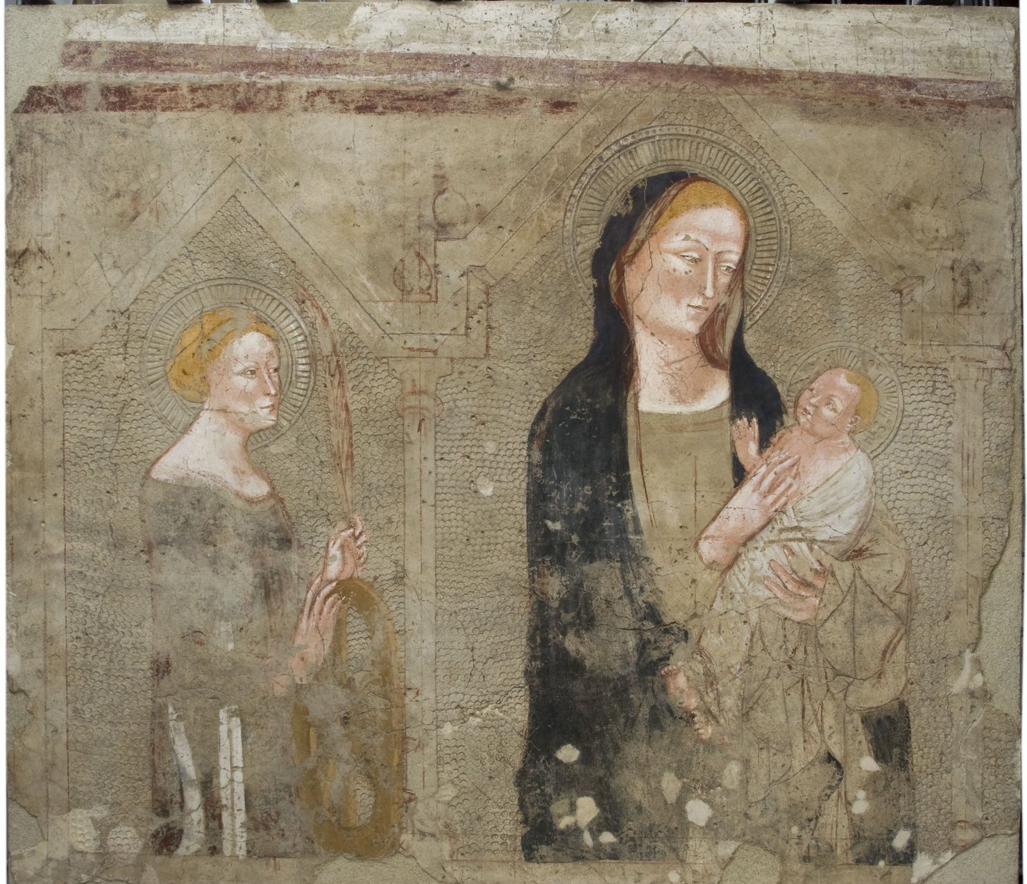 Madonna con Bambino e Santa Caterina d'Alessandria (dipinto, frammento) di Maestro ironico (prima metà sec. XIV)