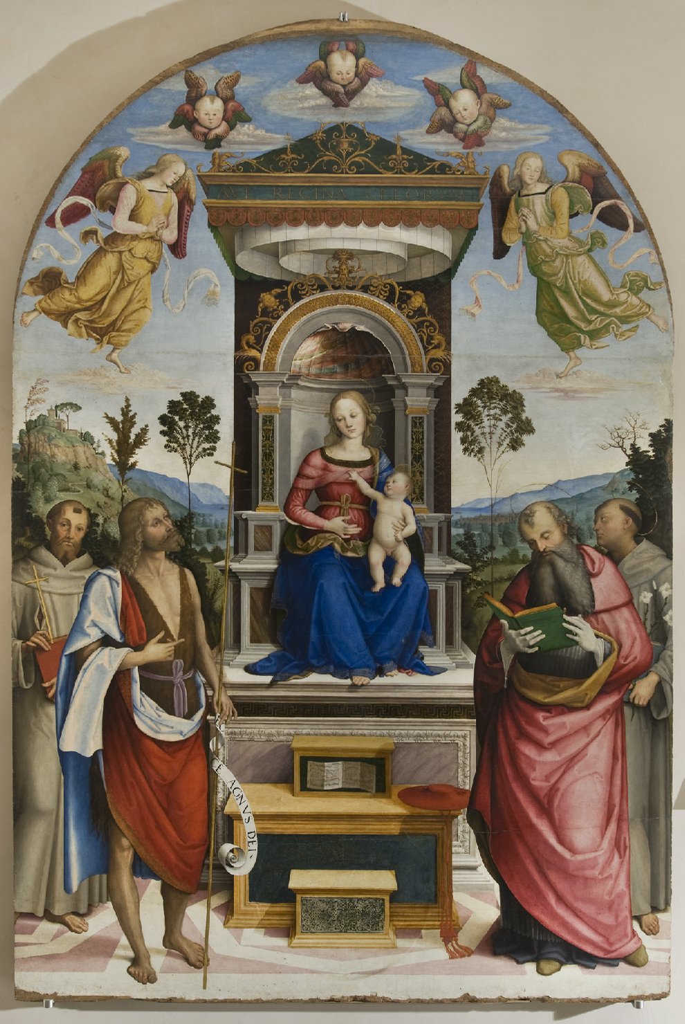 Madonna in trono e Santi (dipinto, opera isolata) di Caporali Giovan Battista (attribuito) (prima metà sec. XVI)