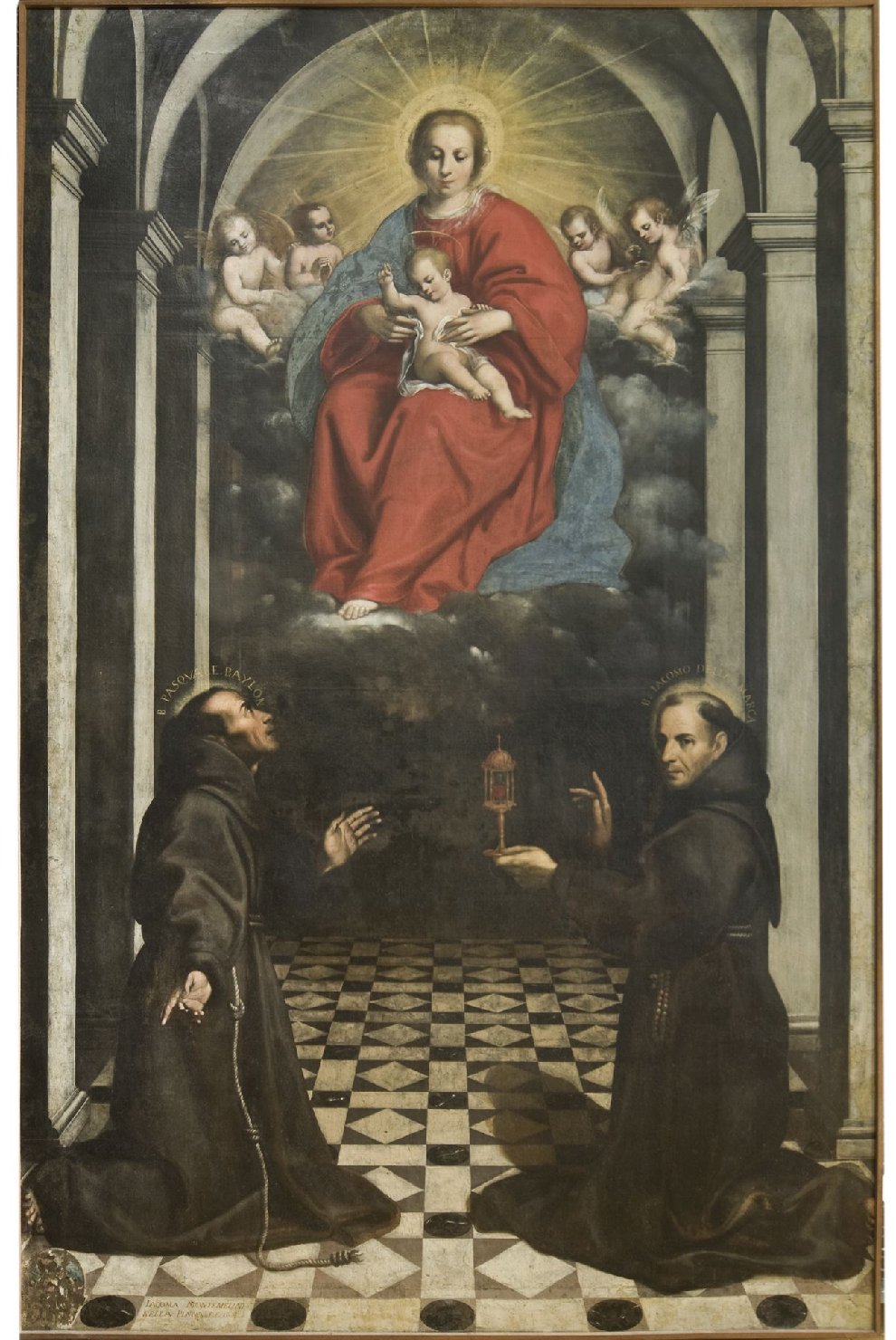 Madonna con Bambino in trono tra S. Pasquale Baylon e S. Giacomo della Marca (dipinto, opera isolata) di Amadei Stefano (attribuito) (sec. XVII)