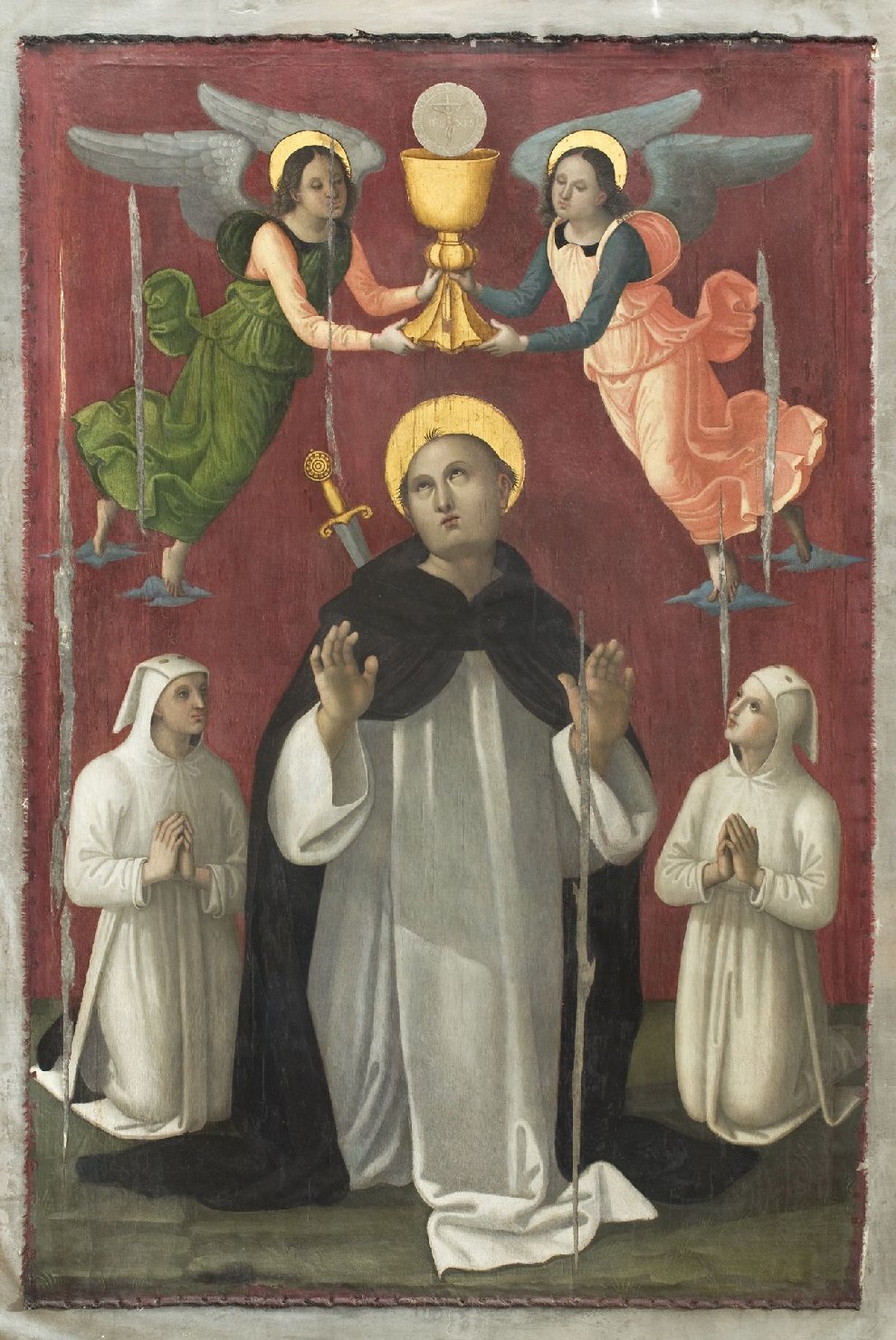 San Pietro martire, angeli reggi calice e due confrati (stendardo processionale, opera isolata) di Vannucci Pietro detto Perugino (bottega) (primo quarto sec. XVI)