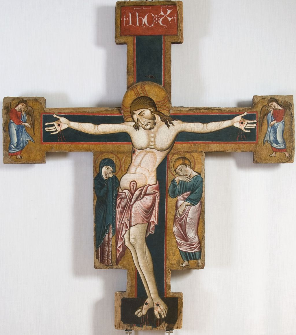 Cristo crocifisso con la Madonna, Santi e angeli (croce dipinta, opera isolata) di Maestro di Montelabate (sec. XIII)