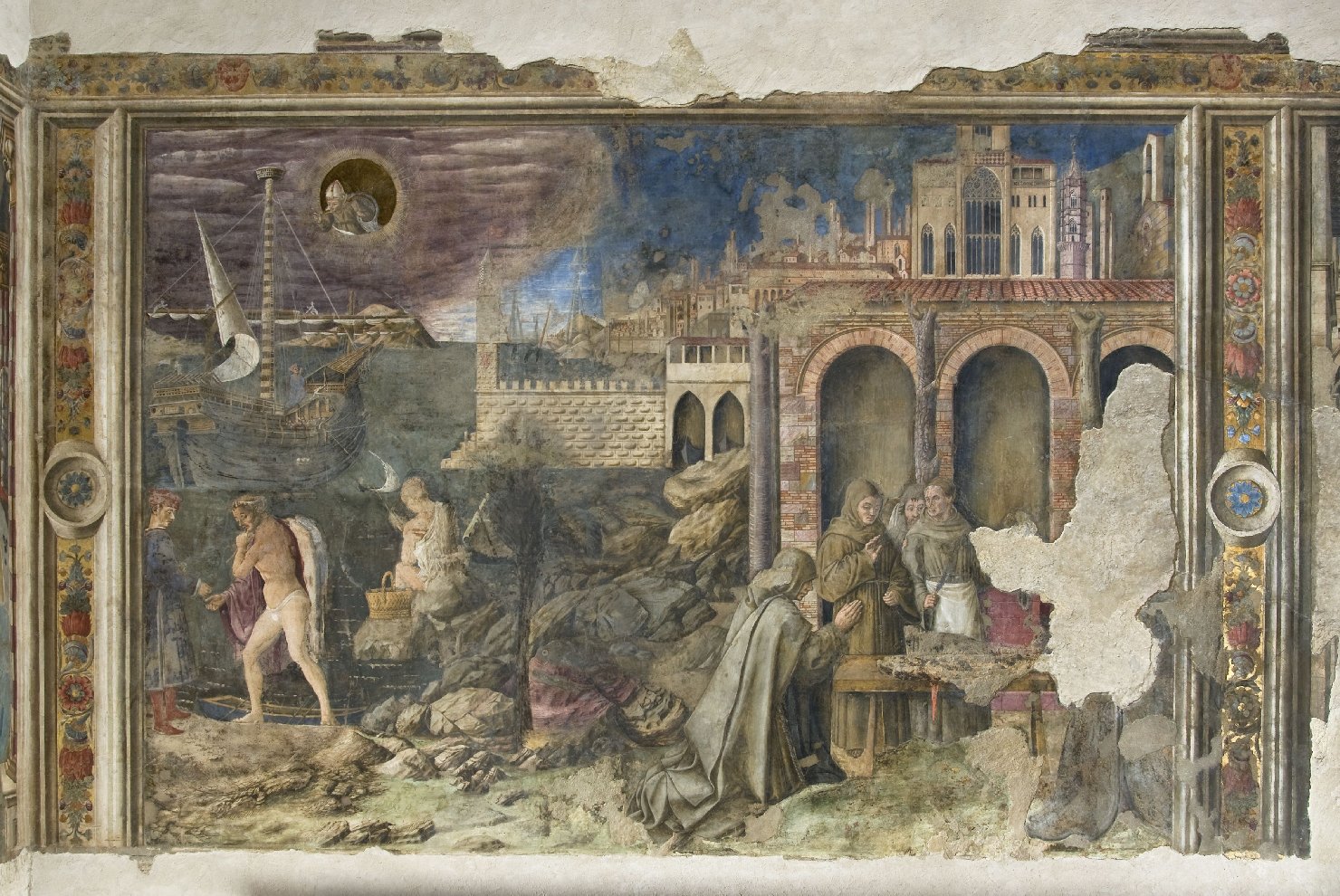 Miracolo di san Ludovico da Tolosa. Un mercante ritrova il denaro perso durante un naufragio (dipinto, elemento d'insieme) di Bonfigli Benedetto (attribuito) (seconda metà sec. XV)