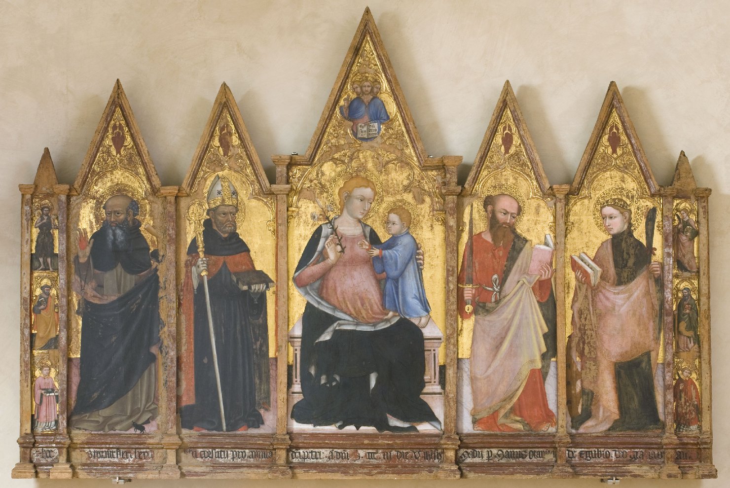 Polittico di Pietralunga, Madonna con Bambino in trono e santi, S. Antonio abate, S. Agostino, Trinità, S. Paolo apostolo, S. Caterina d'Alessandria, S. Giovanni Battista, S. Pietro, S. Stefano, S. Giovanni Evangelista, S. Andrea, S. Lorenzo, Serafini (polittico, insieme) di Nelli Ottaviano (inizio sec. XV)