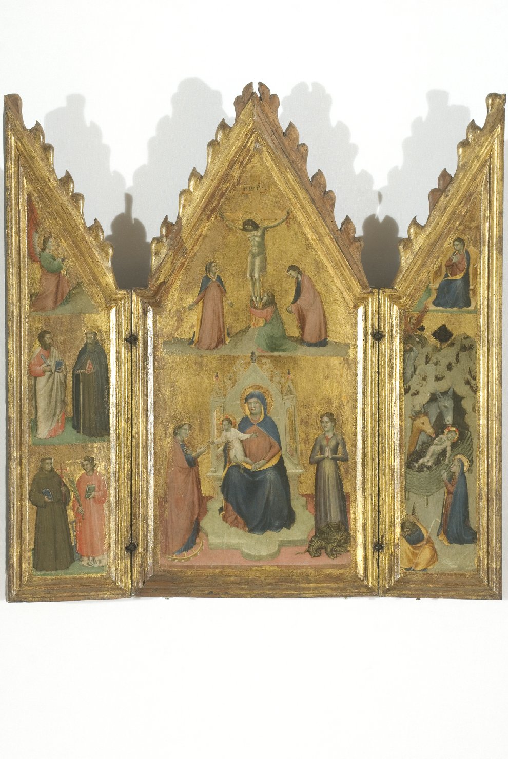 Sposalizio mistico di S. Caterina d'Alessandria, Crocifissione di Gesù Cristo, Annunciazione, Natività di Gesù, S. Francesco d'Assisi, S. Lorenzo, S. Bartolomeo, S. Antonio abate, S. Giuseppe, S. Gabriele Arcangelo (trittico portatile, insieme) di Maestro dei trittici neogiotteschi perugini (seconda metà sec. XIV)