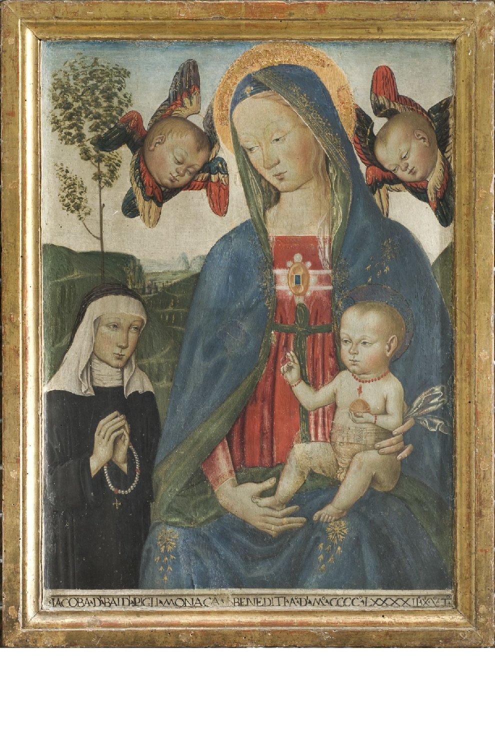 Madonna con Bambino e altri personaggi (dipinto, opera isolata) di Bernardino di Betto detto Pintoricchio (cerchia) (fine sec. XV)