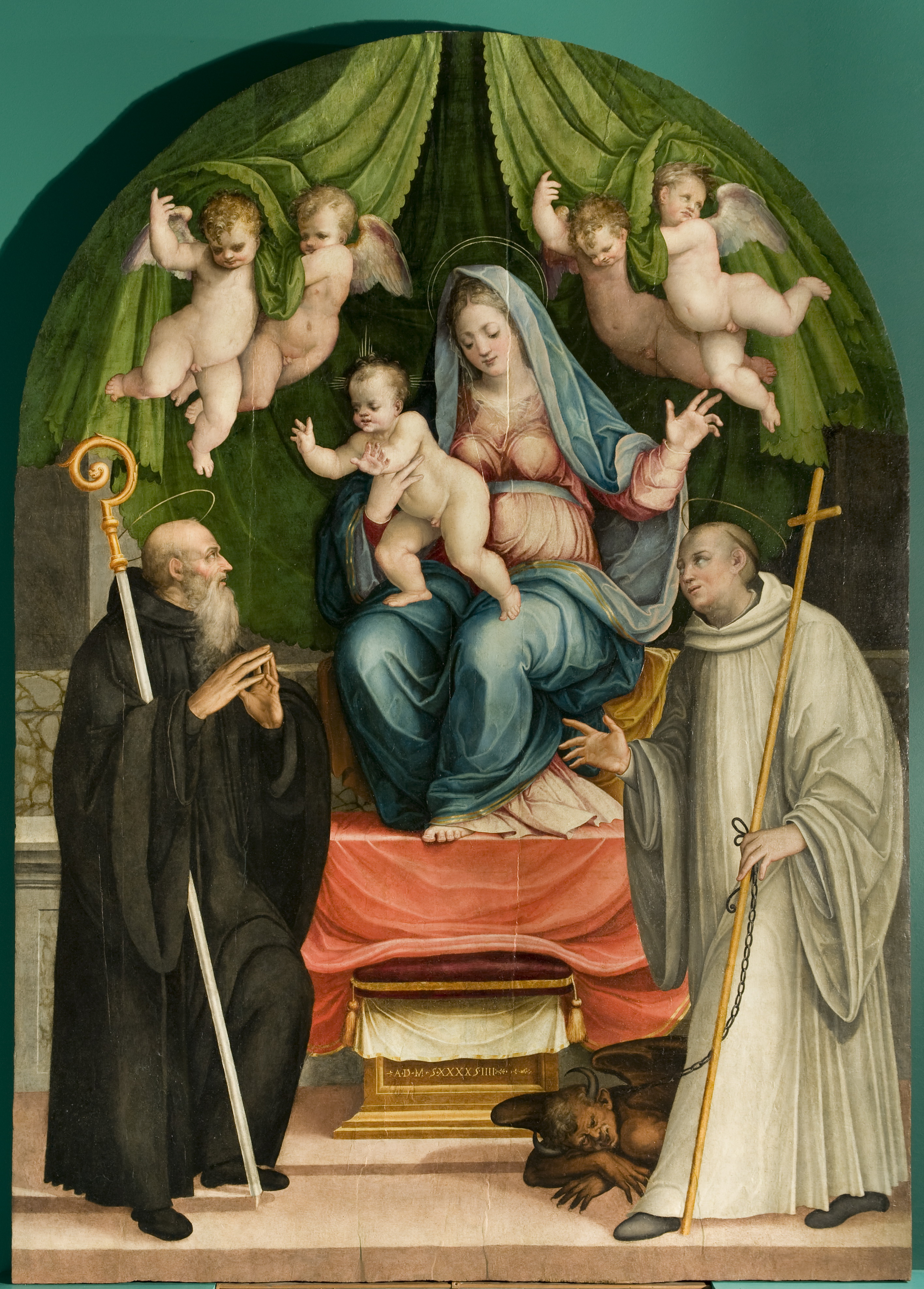 Madonna con Bambino in trono tra S. Benedetto e S. Bernardo (dipinto, elemento d'insieme) di Bisconti, Organtino di Mariano (attribuito), Pagani, Lattanzio (secondo quarto sec. XVI)