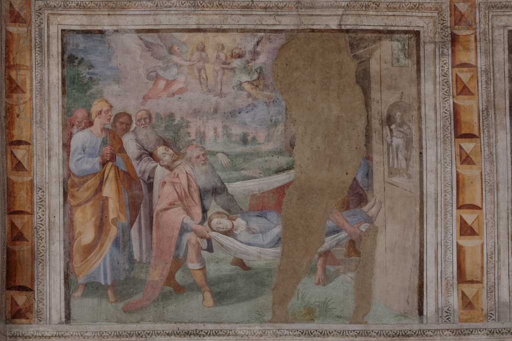 Storie della vita dei SS. Cosma e Damiano (seppellimento e miracolosi interventi dei due santi) (dipinto, elemento d'insieme) di Beltrano Agostino (attribuito) (sec. XVII)