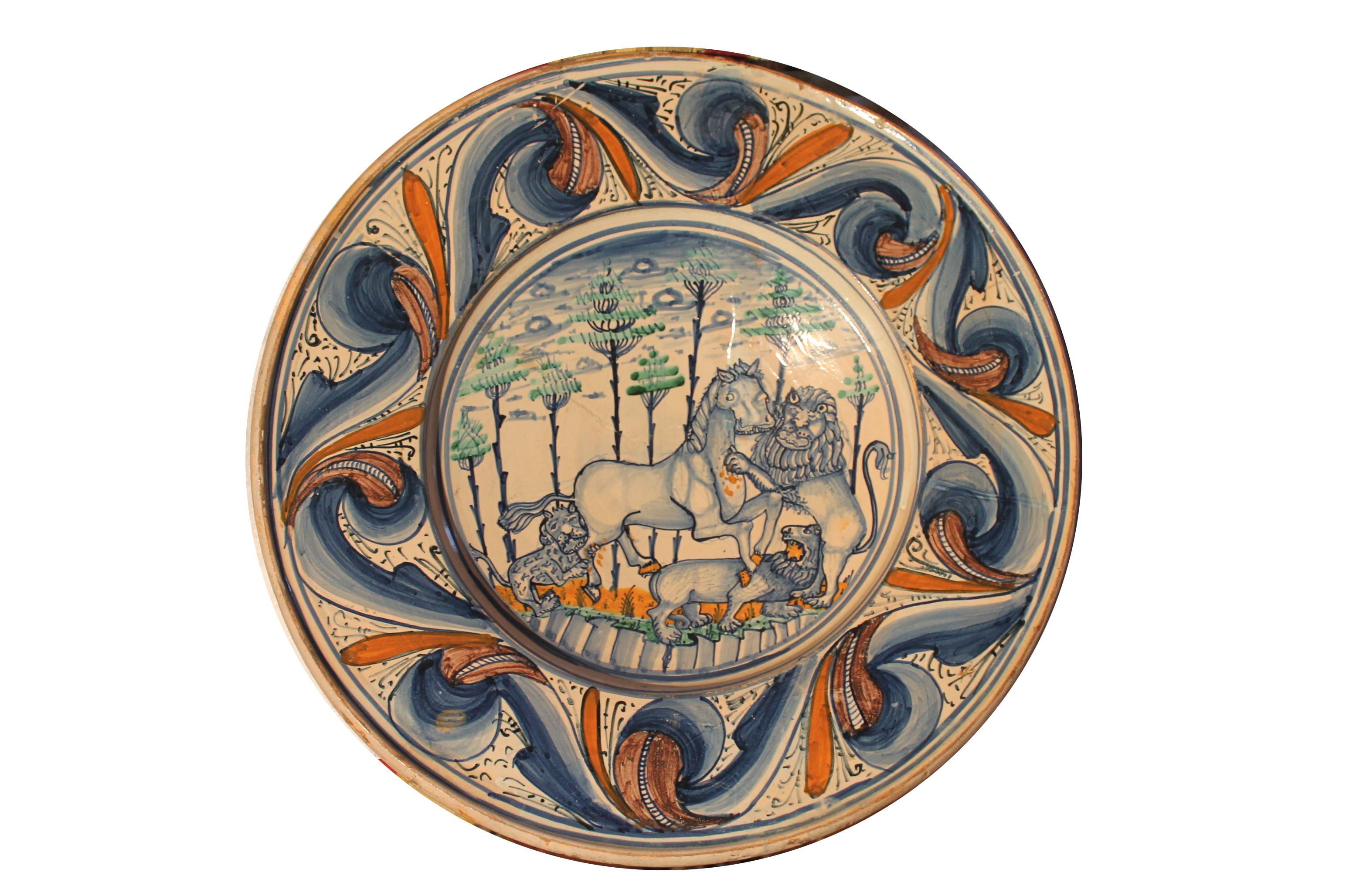 leoni azzannano un cavallo (piatto da pompa) - manifattura faentina (XV)