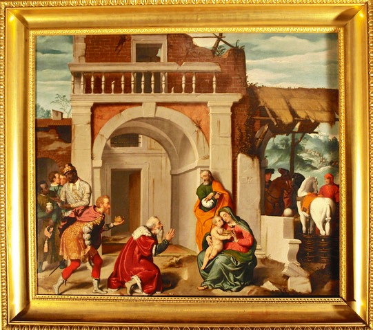 Adorazione dei Magi (dipinto, opera isolata) di Moroni Giovan Battista (sec. XVI)