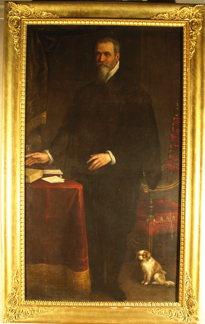 Ritratto di uomo con cane (dipinto, opera isolata) di Da Ponte, Leandro (detto Bassano) (secc. XVI/ XVII)