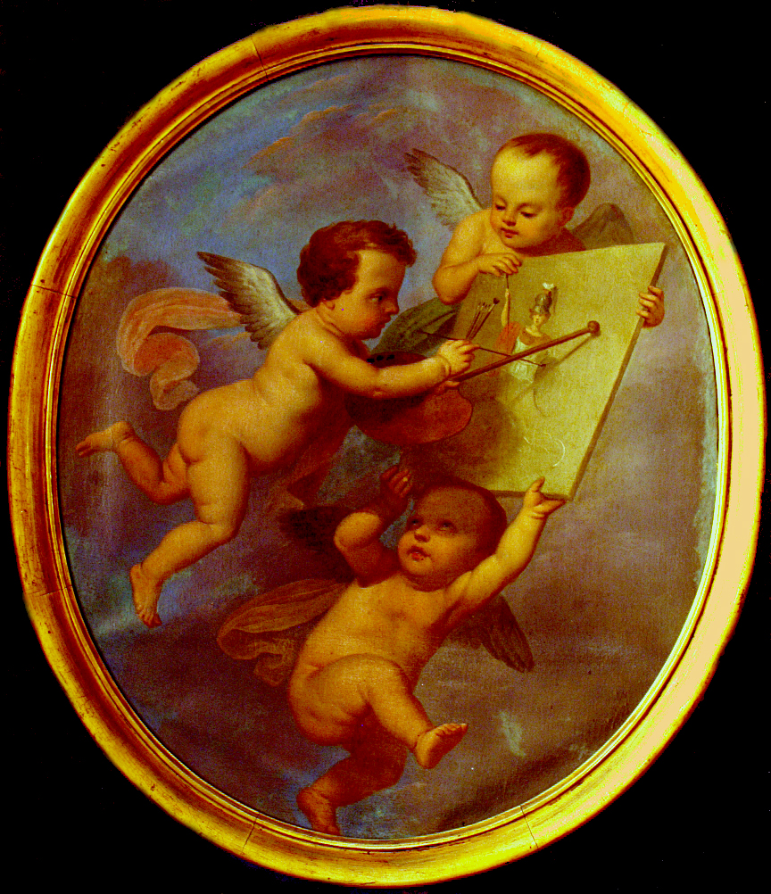 tre putti che dipingono (dipinto, opera isolata) di Patania Giuseppe (attribuito), Velasquez Giuseppe (attribuito) - ambito siciliano (fine XVIII)
