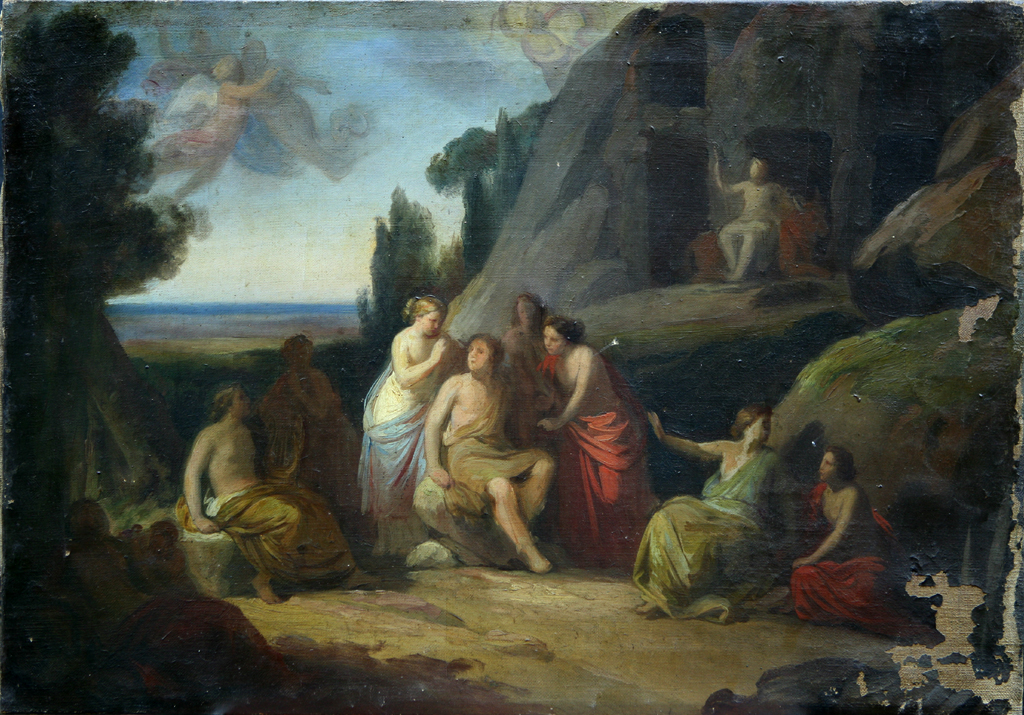 Le camene che insegnano l‘agricoltura a Dafni, scena mitologica (dipinto, opera isolata) di Carta Natale (attribuito) - ambito siciliano (primo quarto XIX)