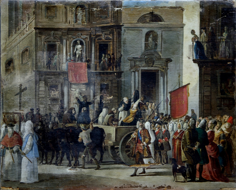 Trasporto al supplizio di Suor Geltrude e Fra Romualdo, Trasporto al supplizio di Suor Geltrude e Fra Romualdo (dipinto, opera isolata) di Giaconia Salvatore (attribuito) - ambito siciliano (seconda metà XIX)