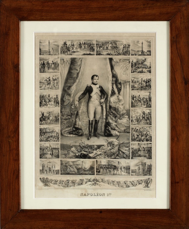 ritratto a figura intera di Napoleone Bonaparte, scene della vita e battaglie, con cornice (stampa) - ambito piemontese (metà sec. XIX)