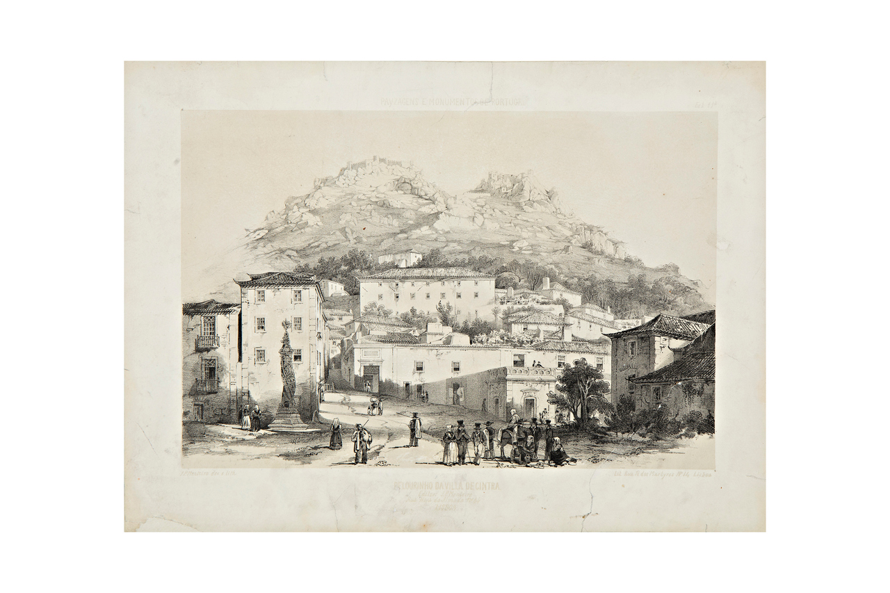 La gogna della città di Sintra, Veduta di Sintra (stampa) di Monteiro, João Pedro (prima metà XIX)