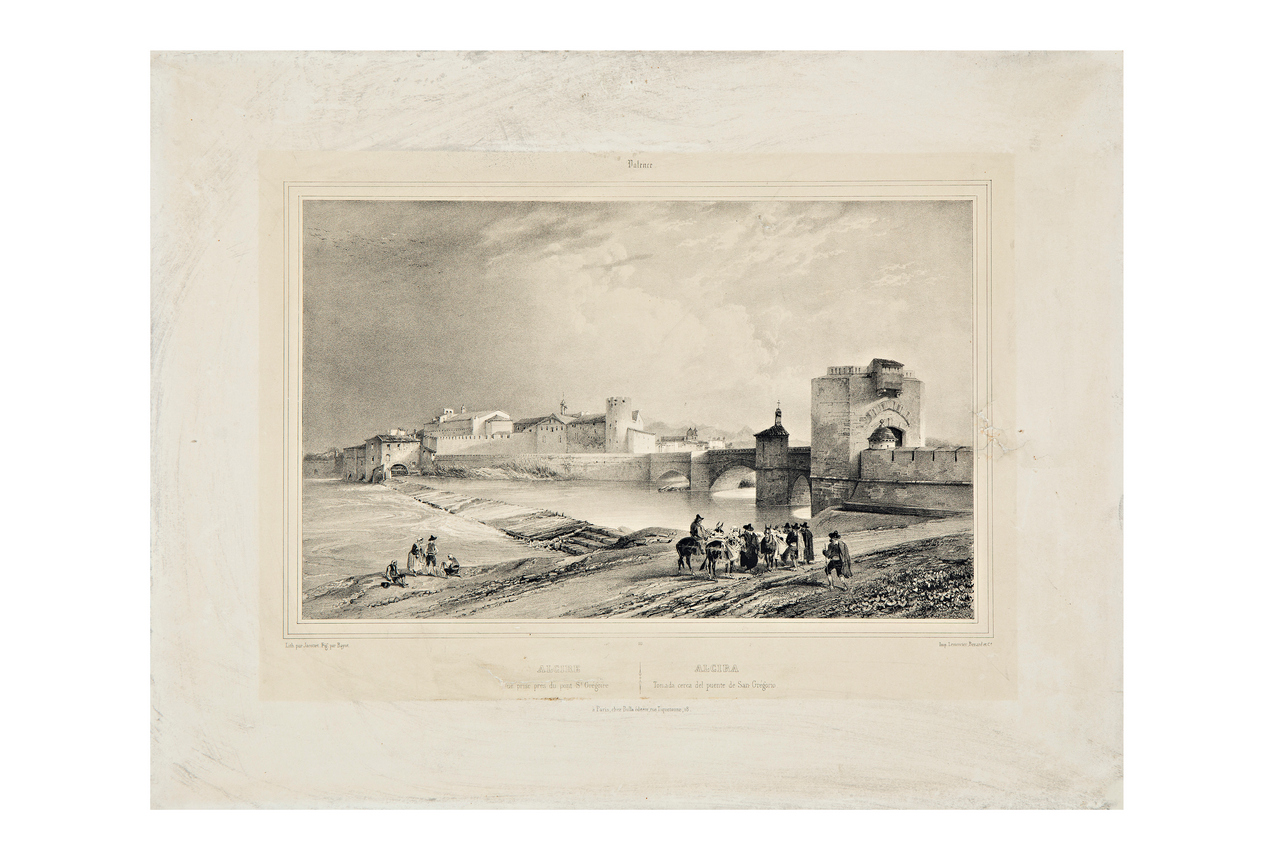 Alzira ripresa vicino al ponte San Gregorio, Veduta di Alzira (stampa) di Jacottet, Jean-Louis François (XIX)