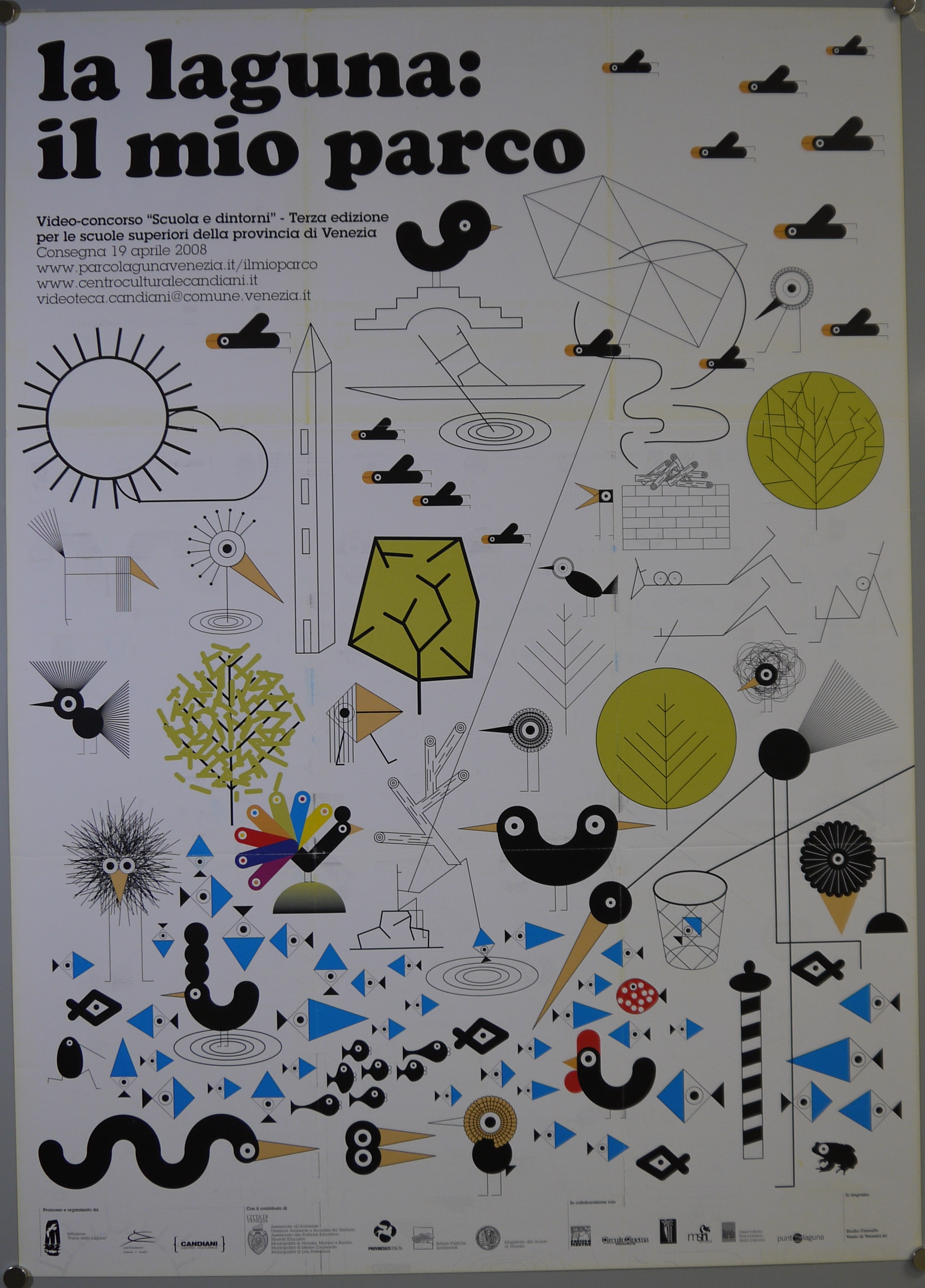 Recto: motivi lagunari stilizzati; diversi volatili lagunari, elementi architettonici, uomo che pesca reggendo un aquilone, uomo sdraiato in compagnia di due donne, vogatore. Verso: volatile lagunare stlilizzato e ramo secco (manifesto) - ambito veneto (inizio XXI)