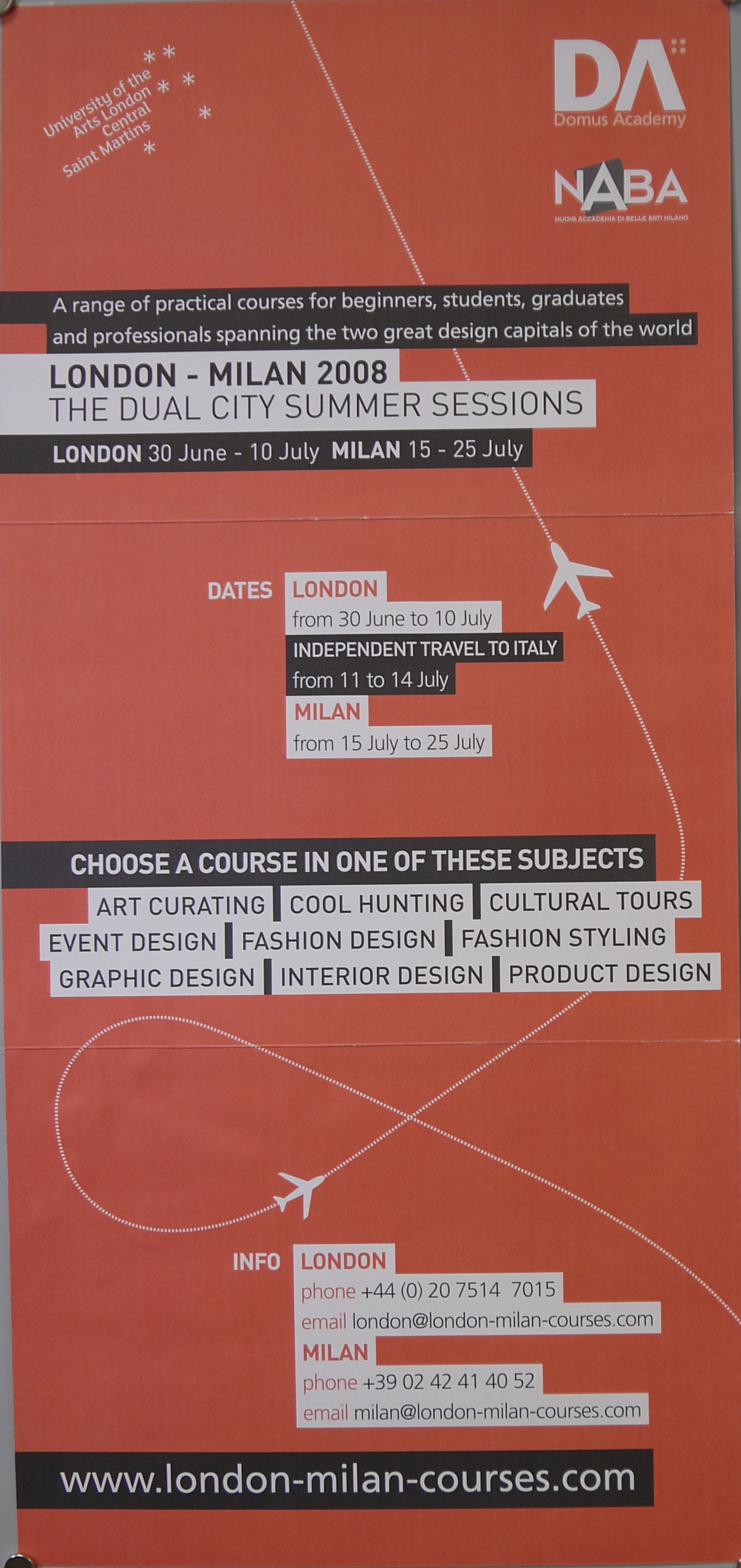 (Recto) Rappresentazione stilizzata di rotta aerea; (Verso) collage di fotografie d'interni londinesi e milanesi (locandina) di Domus Academy (inizio XXI)