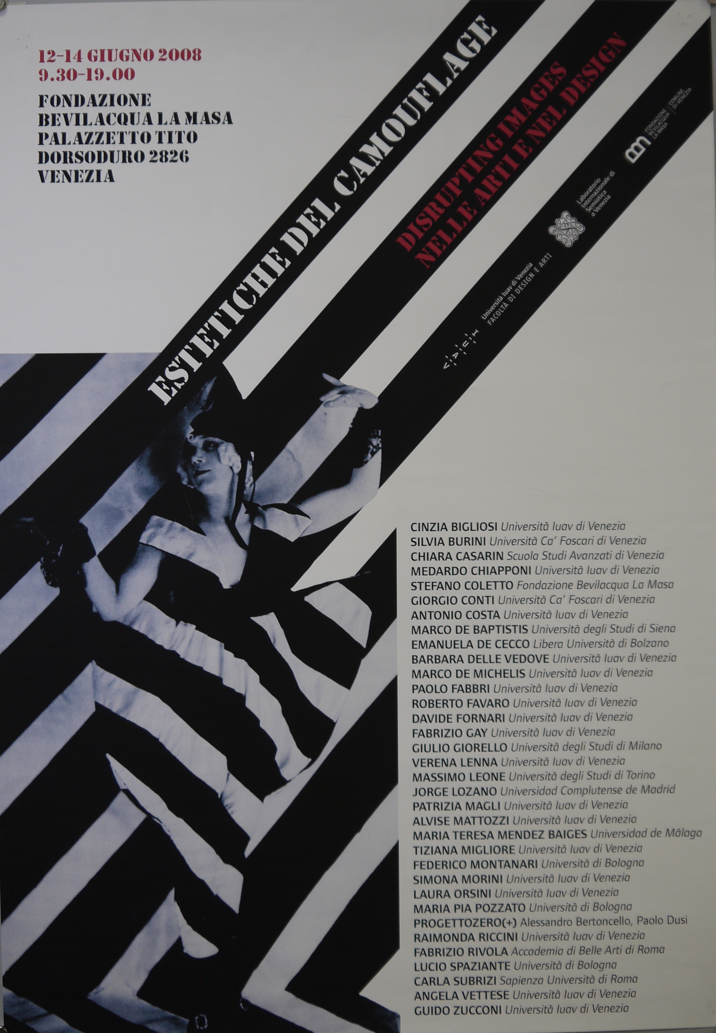 Donna in abito a sctrisce bianche e nere sdraiata su sfondo a strisce bianche e nere (manifesto) - ambito veneto (inizio XXI)