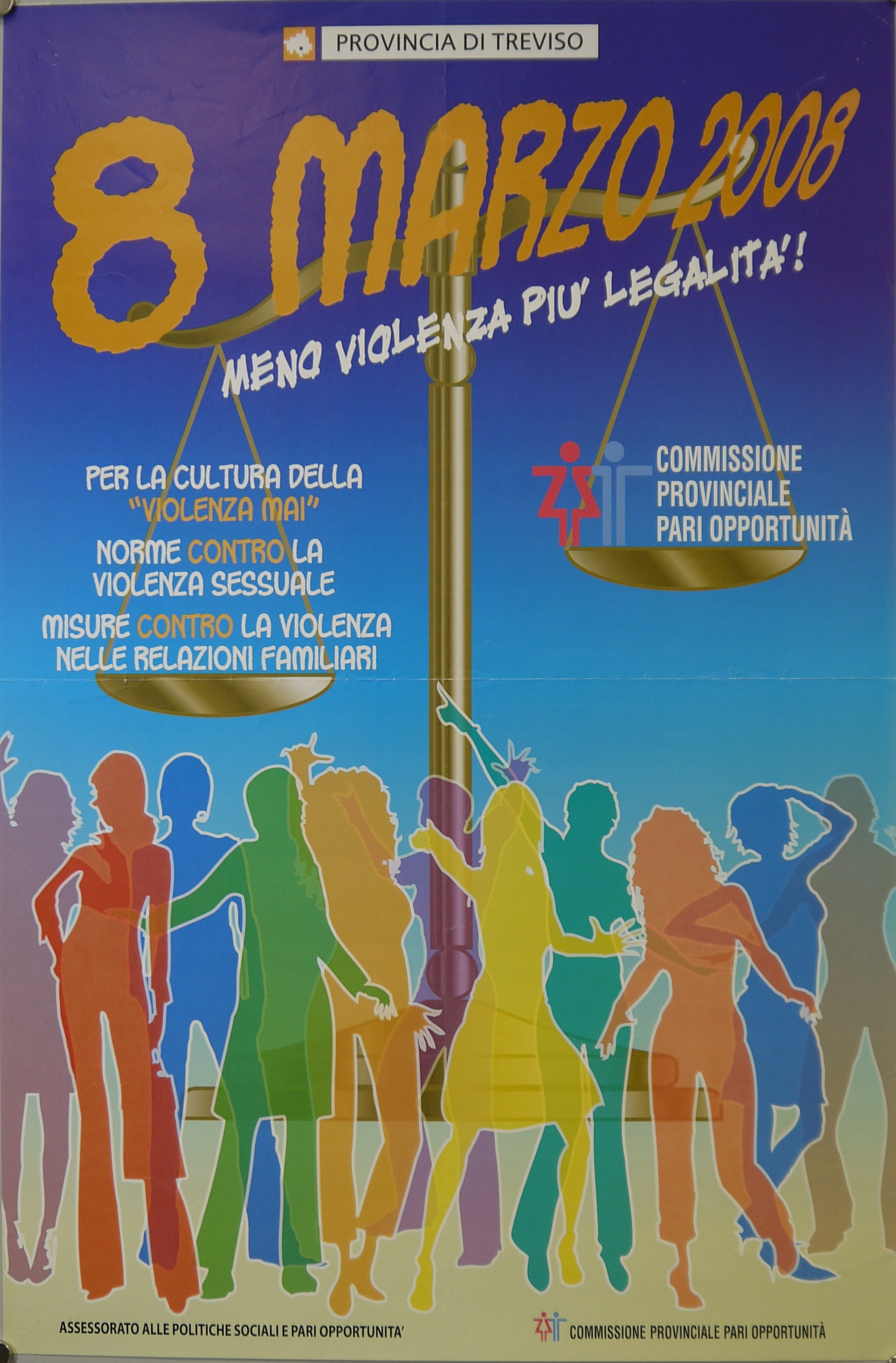 Folla di shilouettes femminili policrome davanti una grande bilancia a due piatti (manifesto) - ambito veneto (inizio XXI)