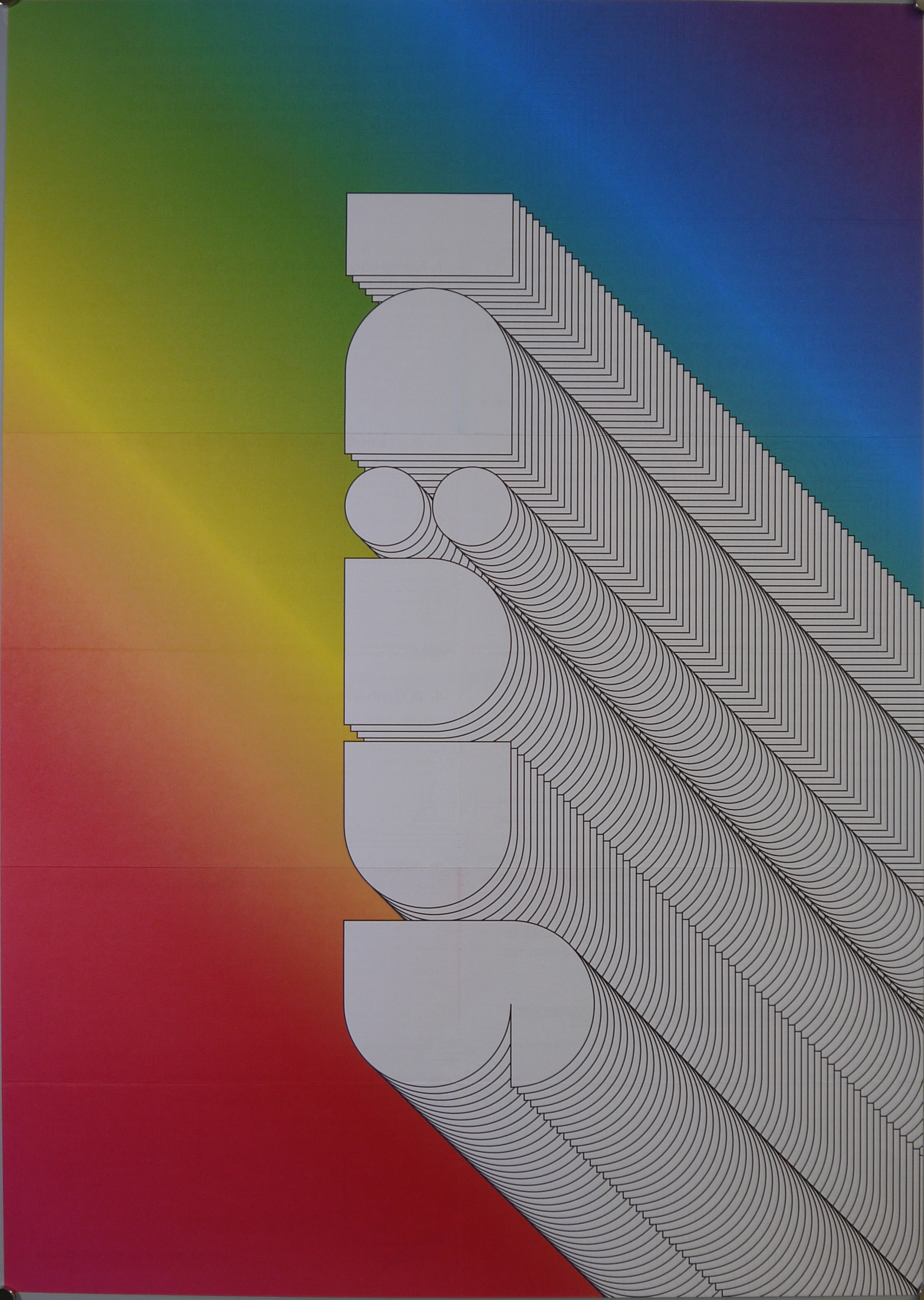 Scritta "gau:di" in assonometria su fondo arcobaleno (manifesto) - ambito europeo (inizio XXI)