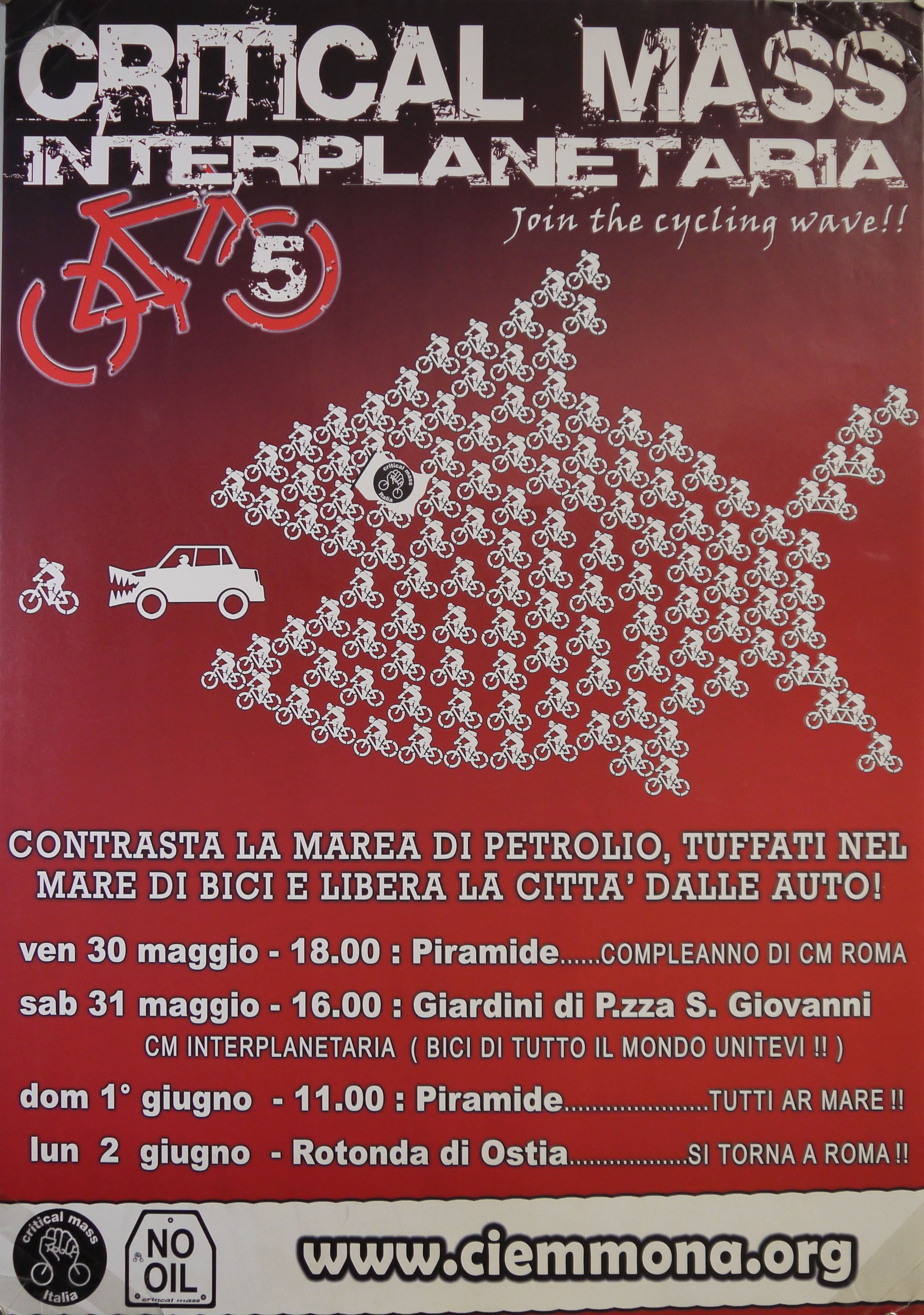 Gruppo di ciclisti a forma di pesce sta per inghiottire un'automobile con muso di coccodrillo che a sua volta intende divorare un ciclista isolato (manifesto) - ambito romano (inizio XXI)