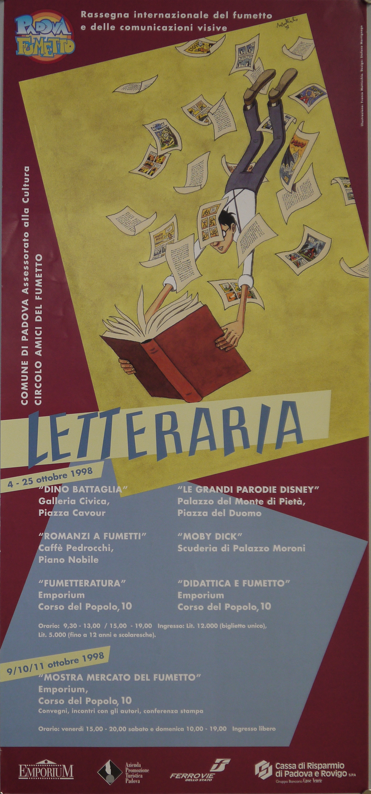 Lettore in volo sommerso da pagine sparse (locandina) di Matticchio Franco, Martignago Stefano - ambito veneto (fine XX)