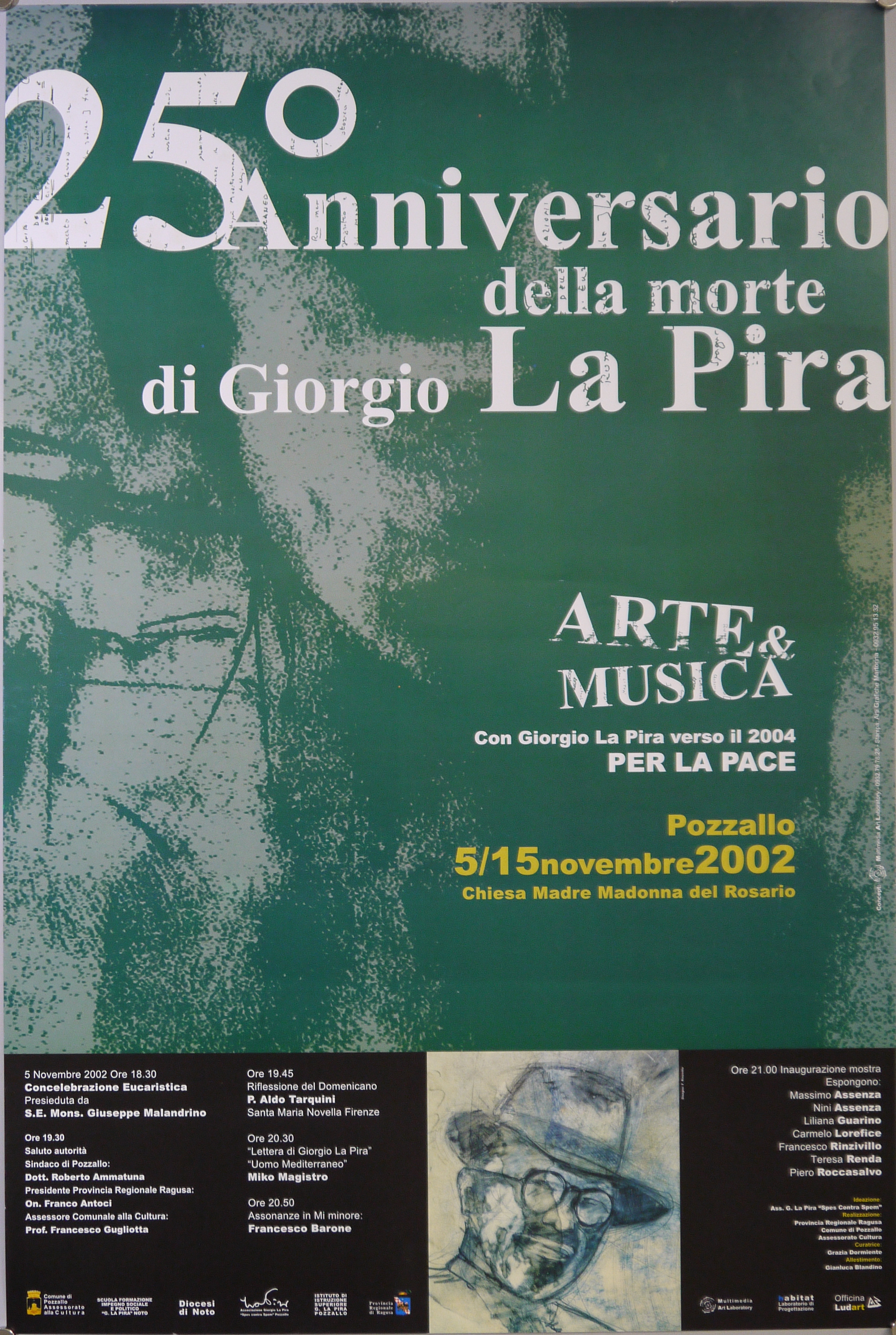 Elaborazione grafica di ritratto a carboncino di Giorgio La Pira; rtratto a matita e acquerello di Giorgio La Pira (manifesto) di Multimedia Art Laboratory, Rinzivillo Francesco - ambito siciliano (inizio XXI)