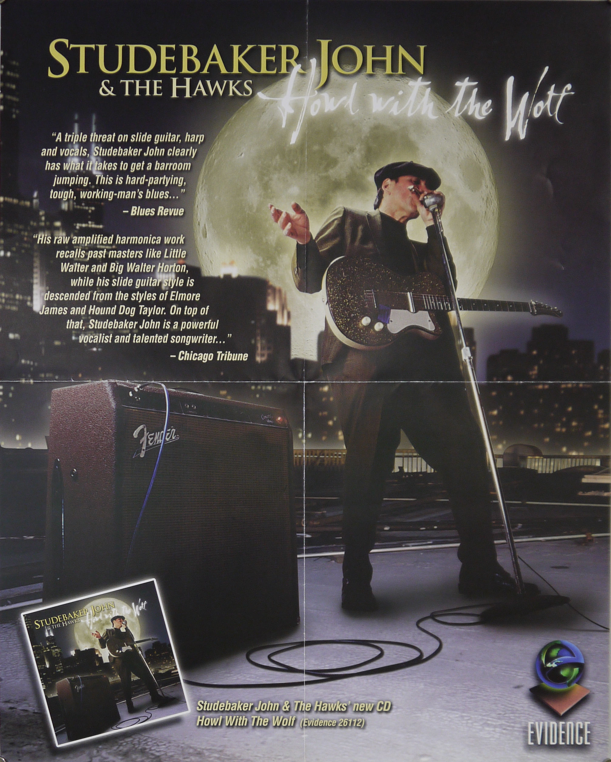 Studebaker John, chitarra al collo, canta al microfono su una terrazza di New York al chiaro di luna (manifesto) - ambito statunitense (inizio XXI)