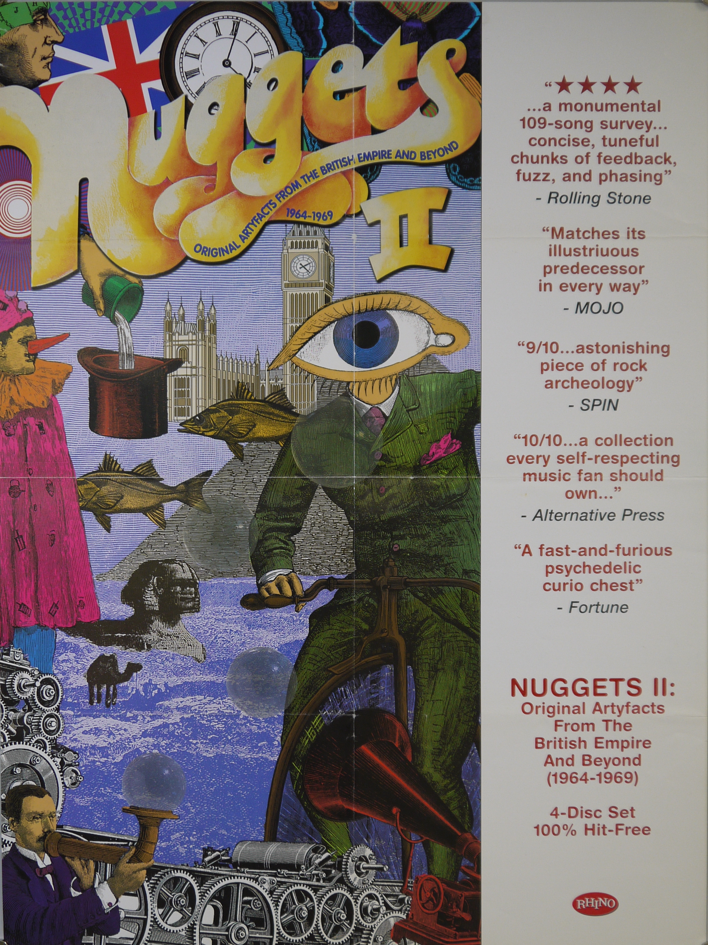 Collage surrealista con ciclista dalla testa a form di grande occhio, uomo che produce bolle a un tubo, uomo in abito di Pierrot su sfondo di Sfinge, Piramidi e Palazzo di Westminster (manifesto) - ambito inglese (inizio XXI)