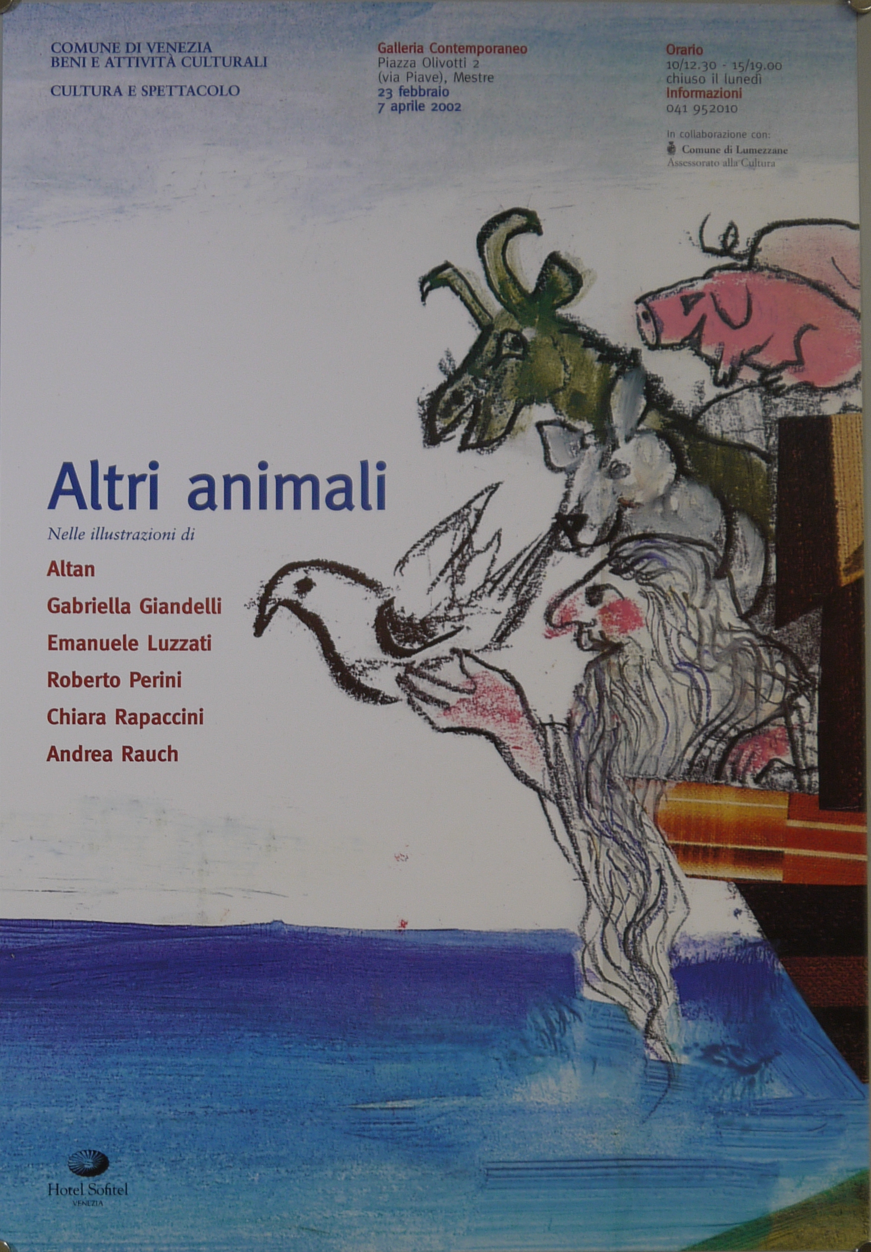 Noè si affaccia dall'arca per liberare la colomba, alle sue spalle un canguro, una capra e un maiale (manifesto) - ambito veneto (inizio XXI)