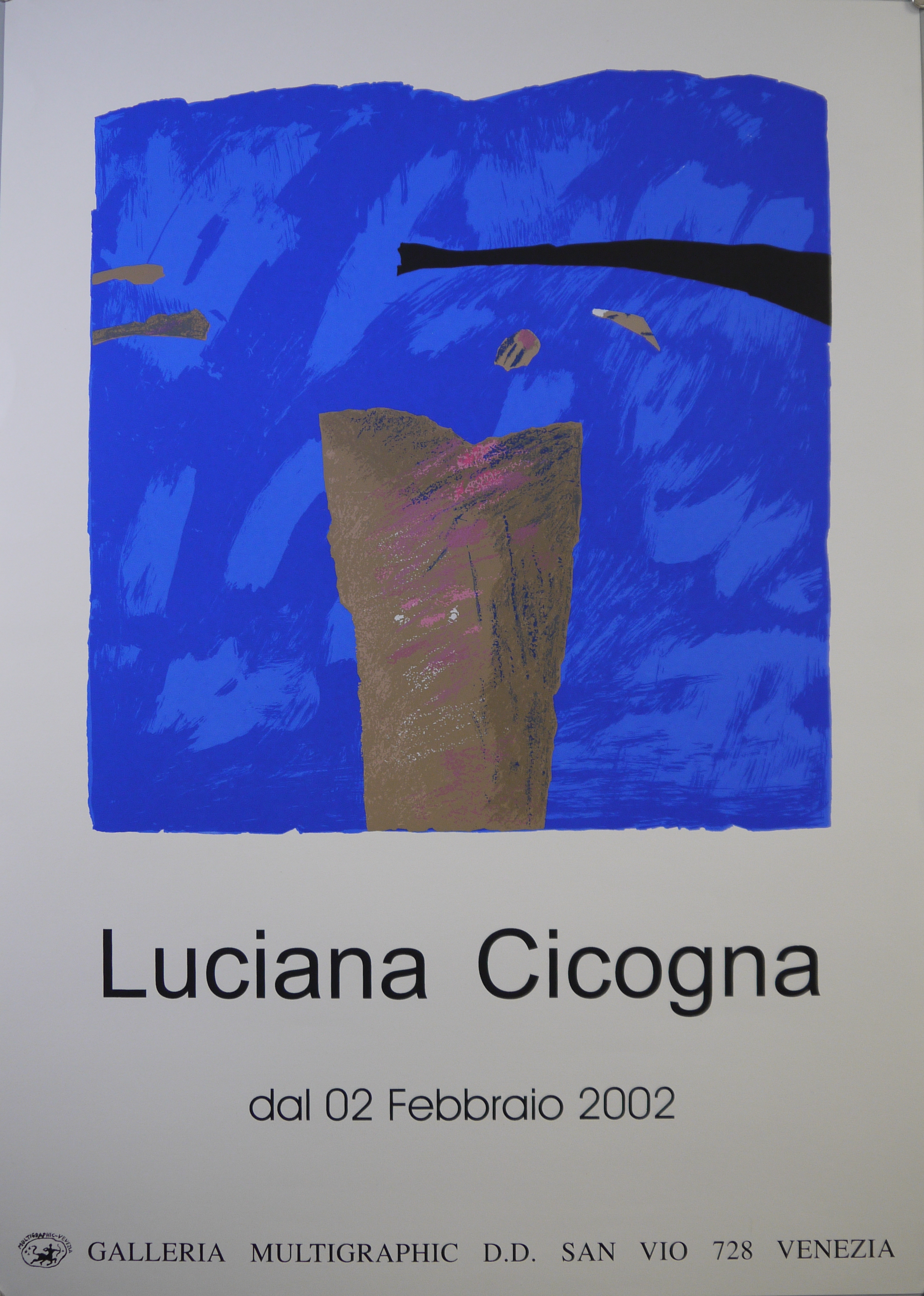 Opera surrealista con forma marrone e fucsia su fondo blu-azzurro attraversato da una striscia nera e altri frammenti cromatici (manifesto) di Cicogna Luciana - ambito veneto (inizio XXI)