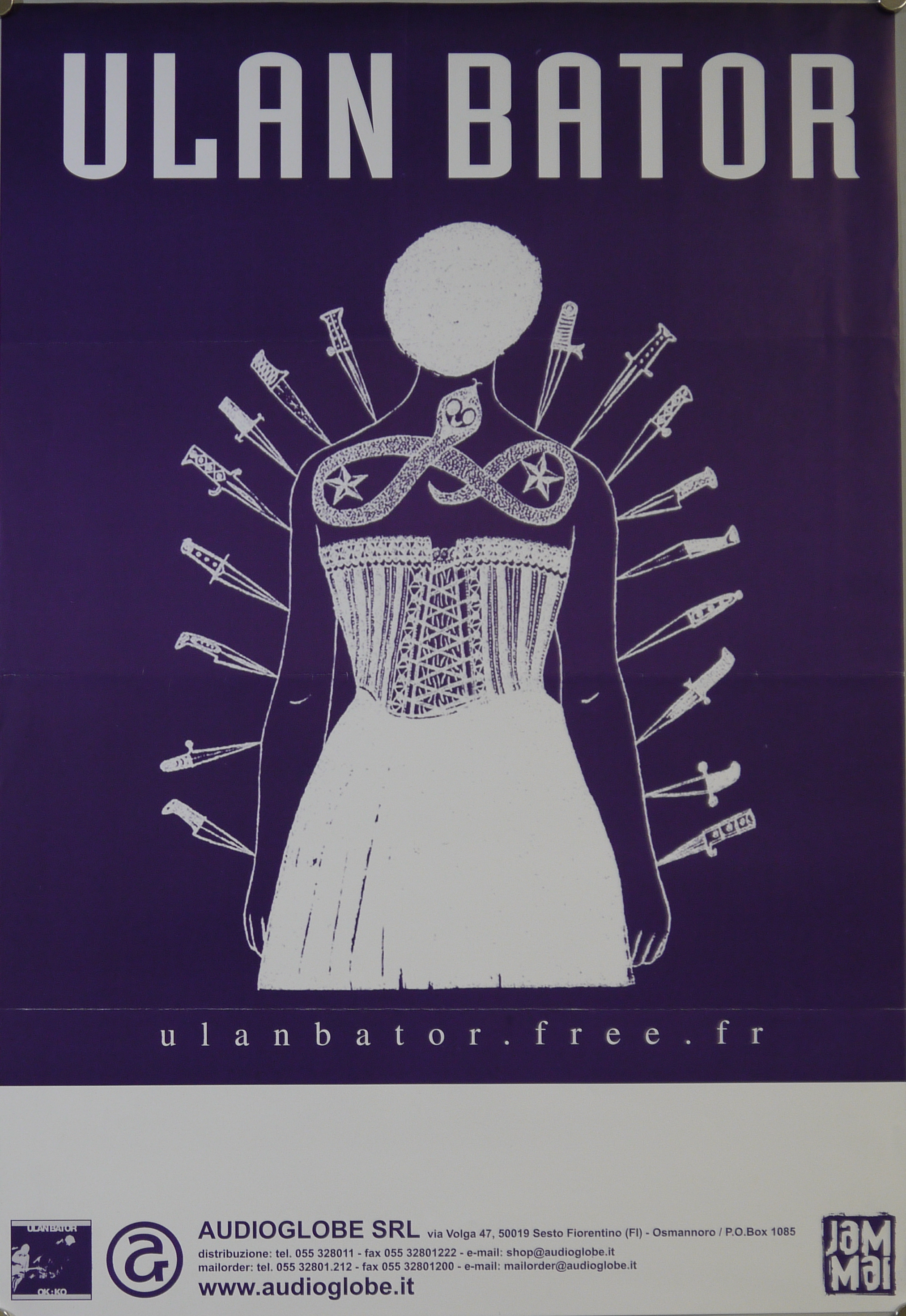 Figura femminile con un disco bianco al posto della testa, in sottoveste e corpetto rigido, con un serpente e due stelle sul petto e 17 coltelli puntati sulle braccia e sulle spalle (manifesto) - ambito toscano (inizio XXI)