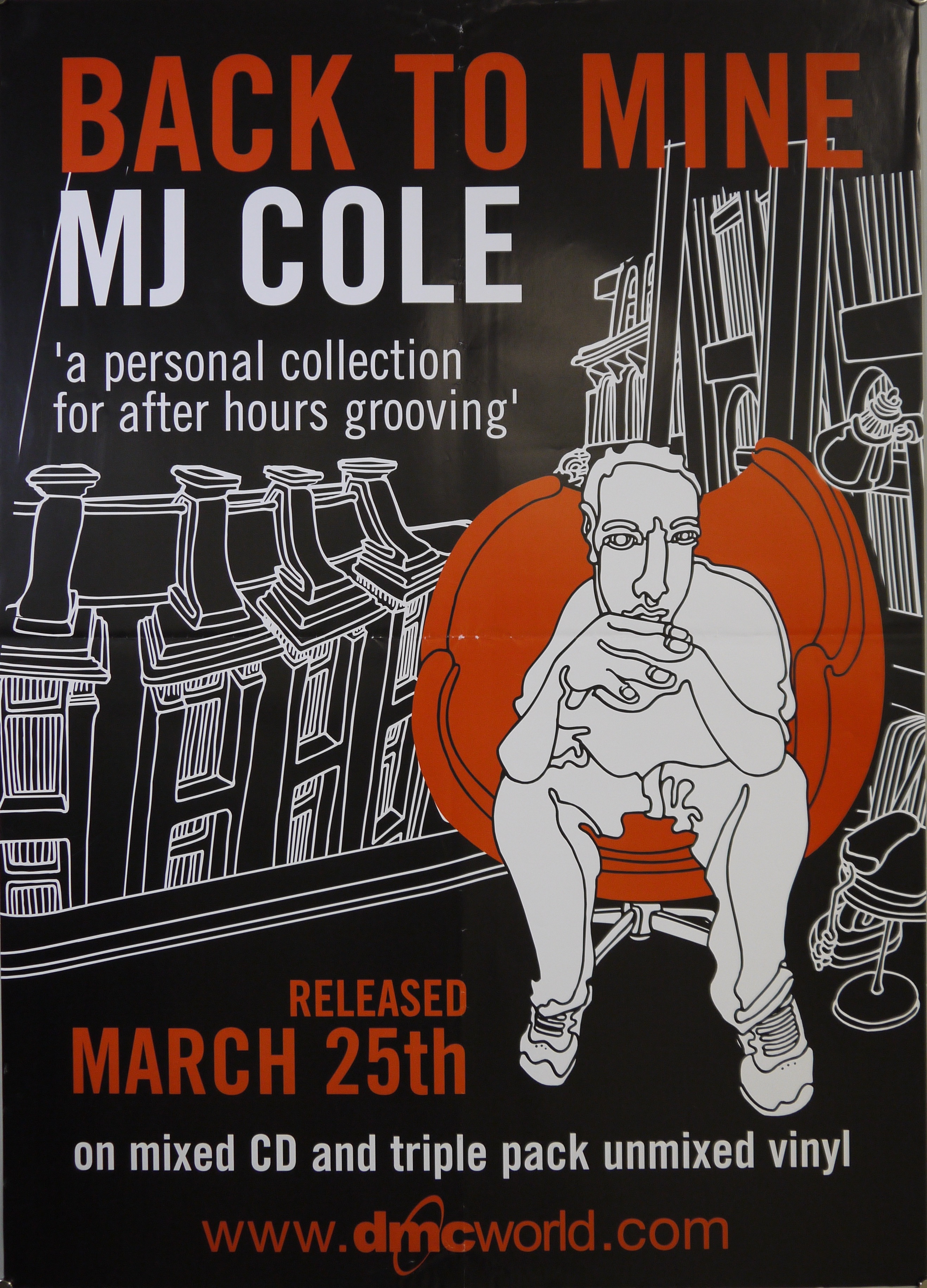 Disegno raffigurante MJ Cole seduto in una Egg Chair rossa, sullo sfondo alti edifici londinesi (manifesto) - ambito inglese (inizio XXI)