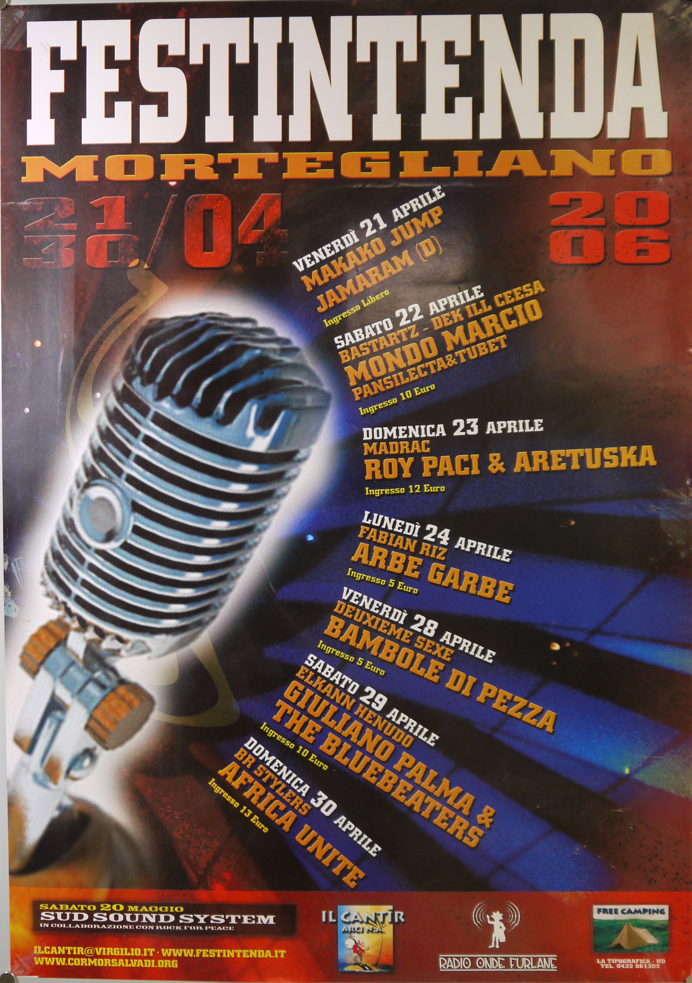 Microfono radiofonico e strisce colorate su uno sfondo a griglia geometrica (manifesto) - ambito toscano (inizio XXI)