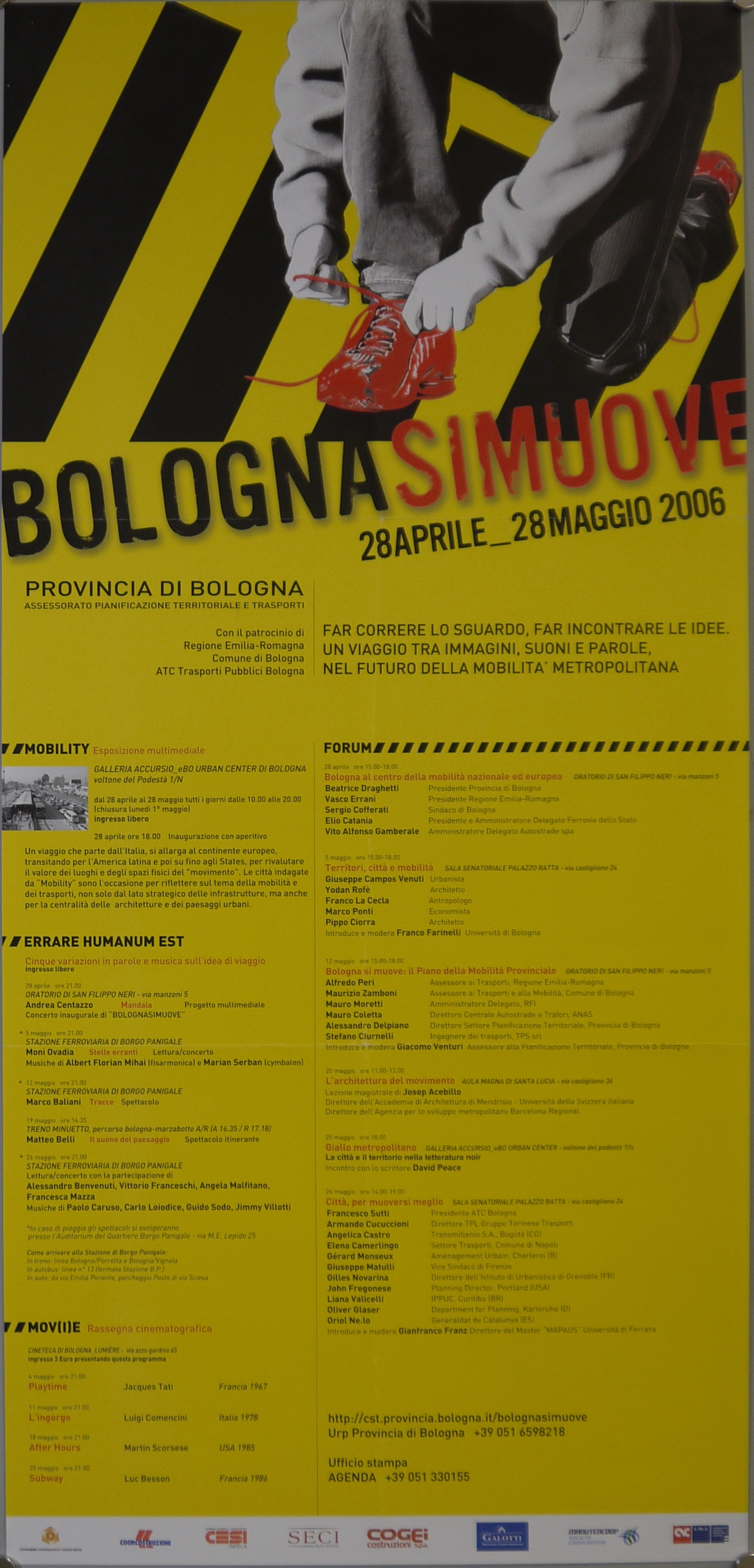 Fotografia b/n su fondo a strisce gialle e nere di un ragazzino che si allaccia una scarpa rossa (manifesto) - ambito veneto (inizio XXI)