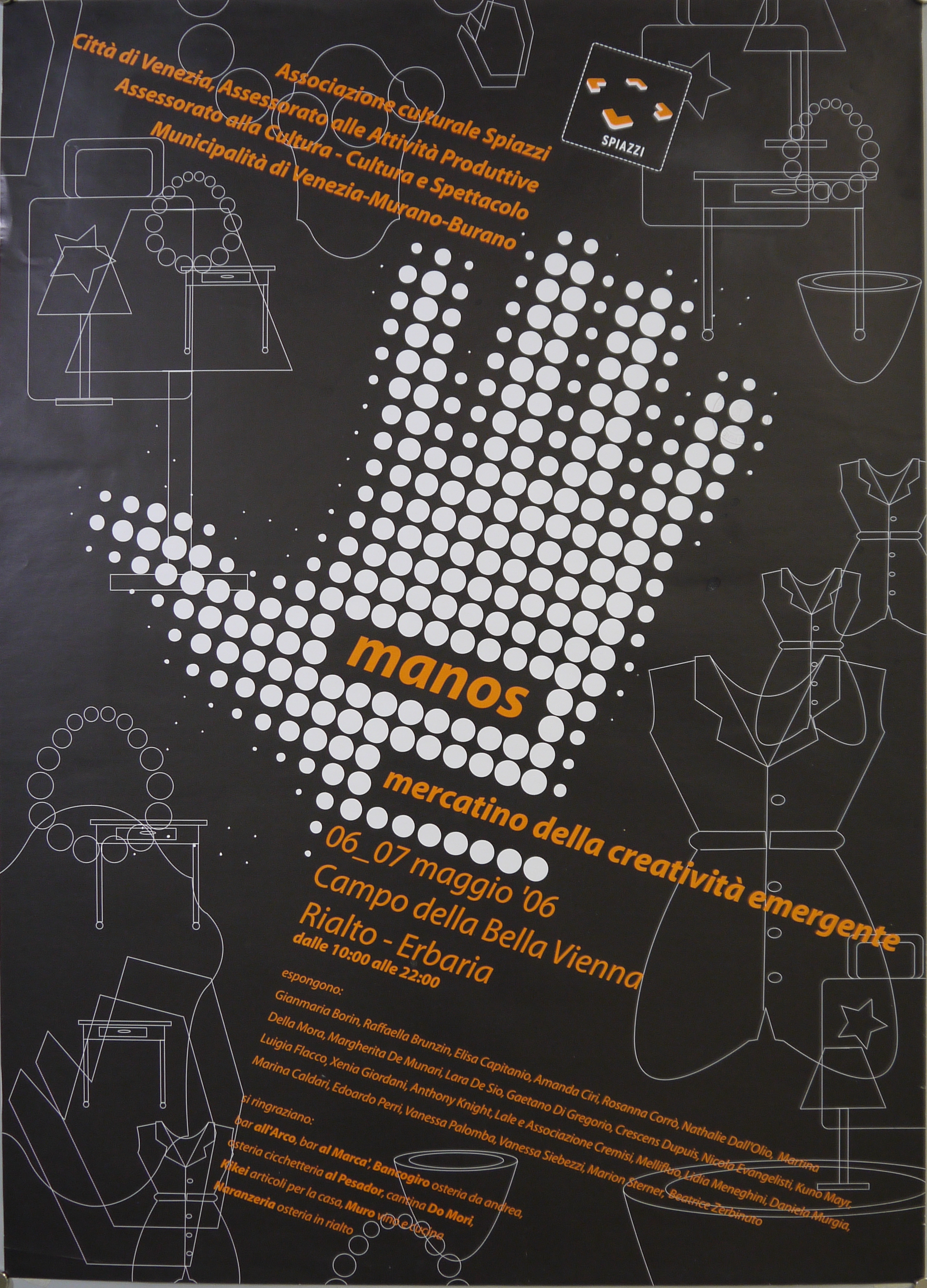 Vari disegni di collane, lampade, abiti, vasi, tavoli, valigie, specchi e grande mano a pois bianchi (manifesto) - ambito veneto (inizio XXI)