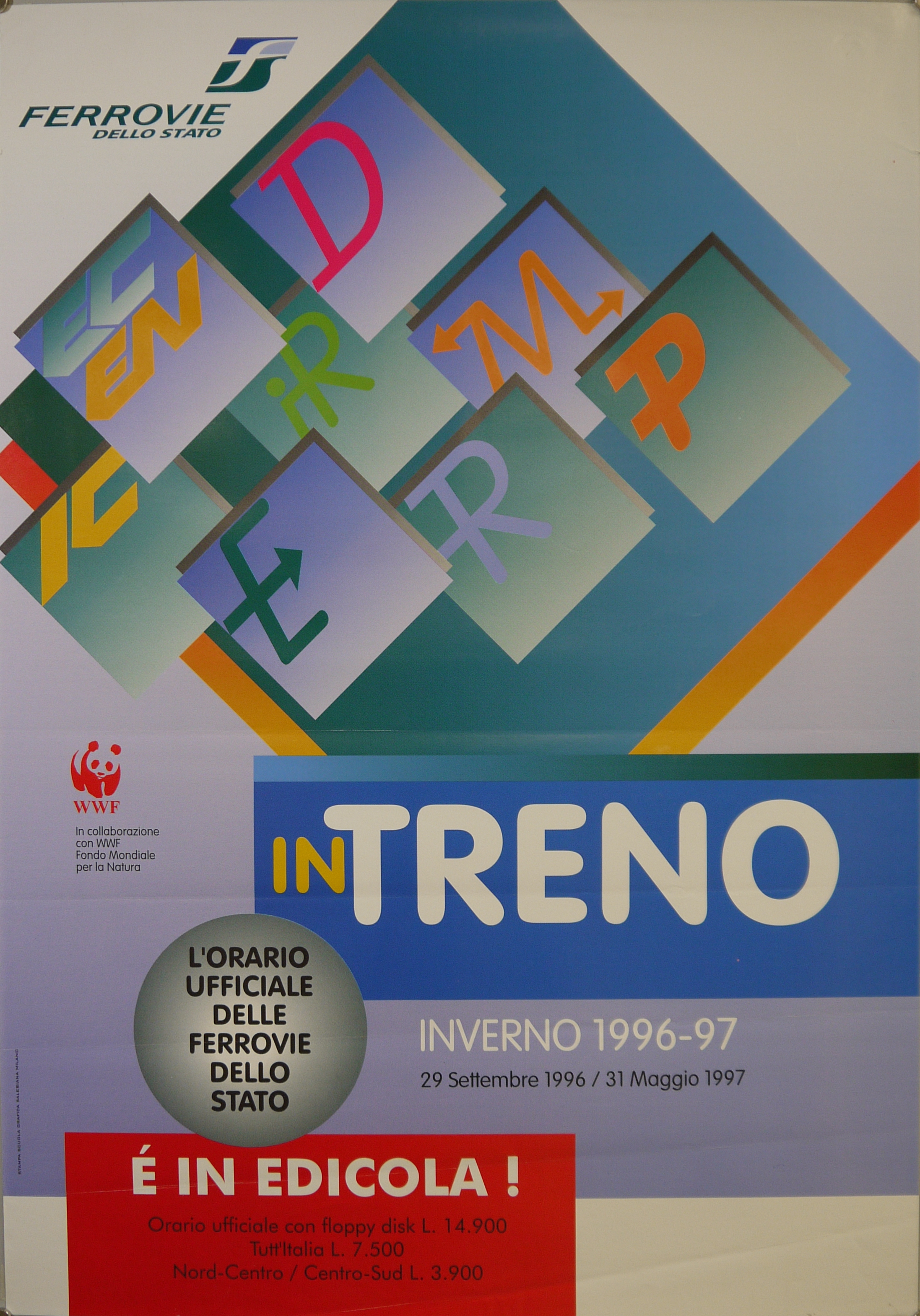 Quadrato verde-azzurro con ombra arancione e otto riquadri con abbreviazioni delle tipologie di treno offerte da Ferrovie dello Stato (manifesto) - ambito italiano (fine XX)