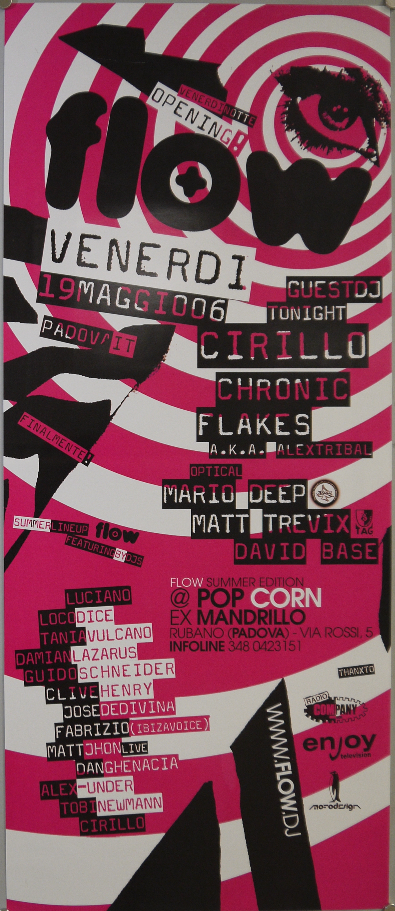 Cerchi e ovali concentrici bianchi e fucsia, occhio disegnato sul cerchio centrale (manifesto) - ambito veneto (inizio XXI)