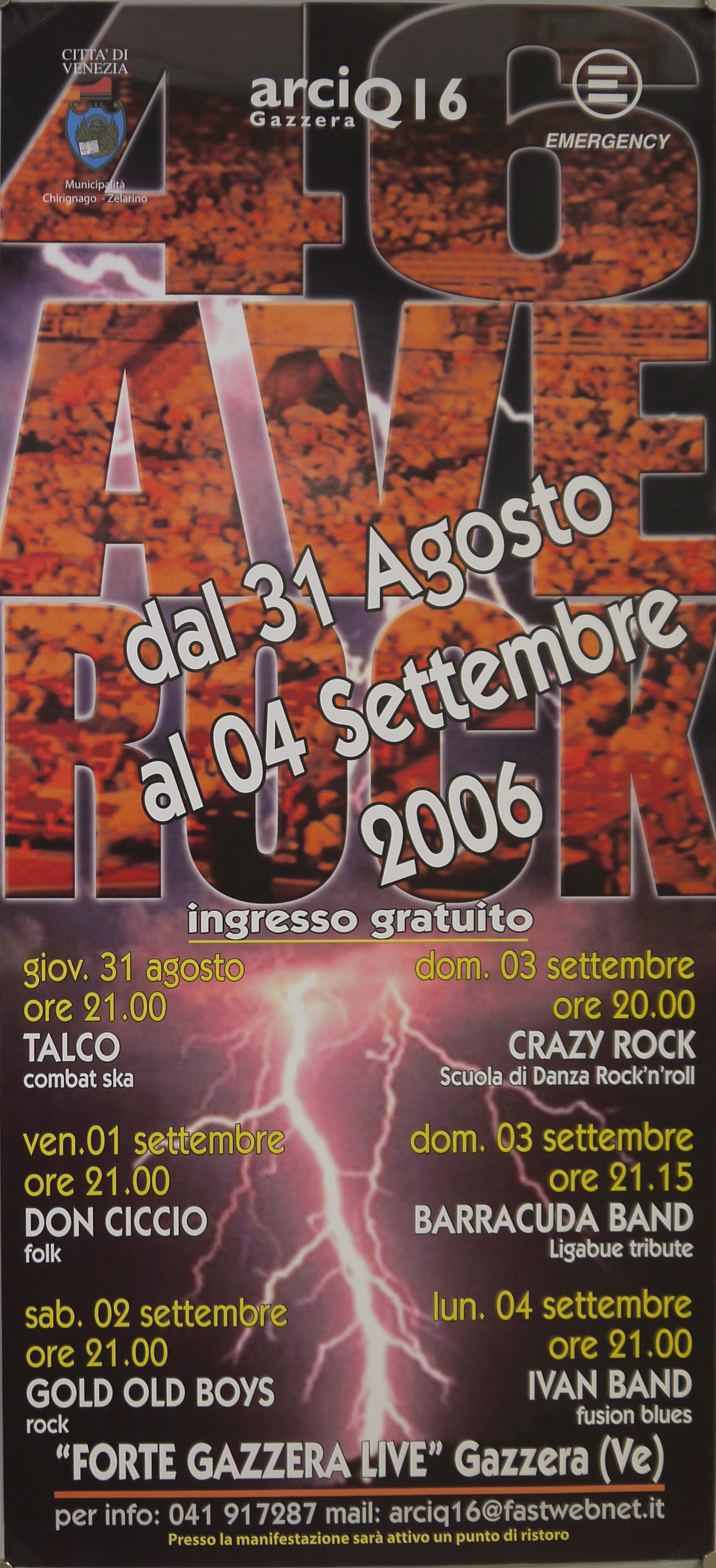 Macerie in trasparenza nella scritta "46 AVE ROCK" e sfondo di cielo nero attraversato da fulmini (manifesto) - ambito veneto (inizio XXI)